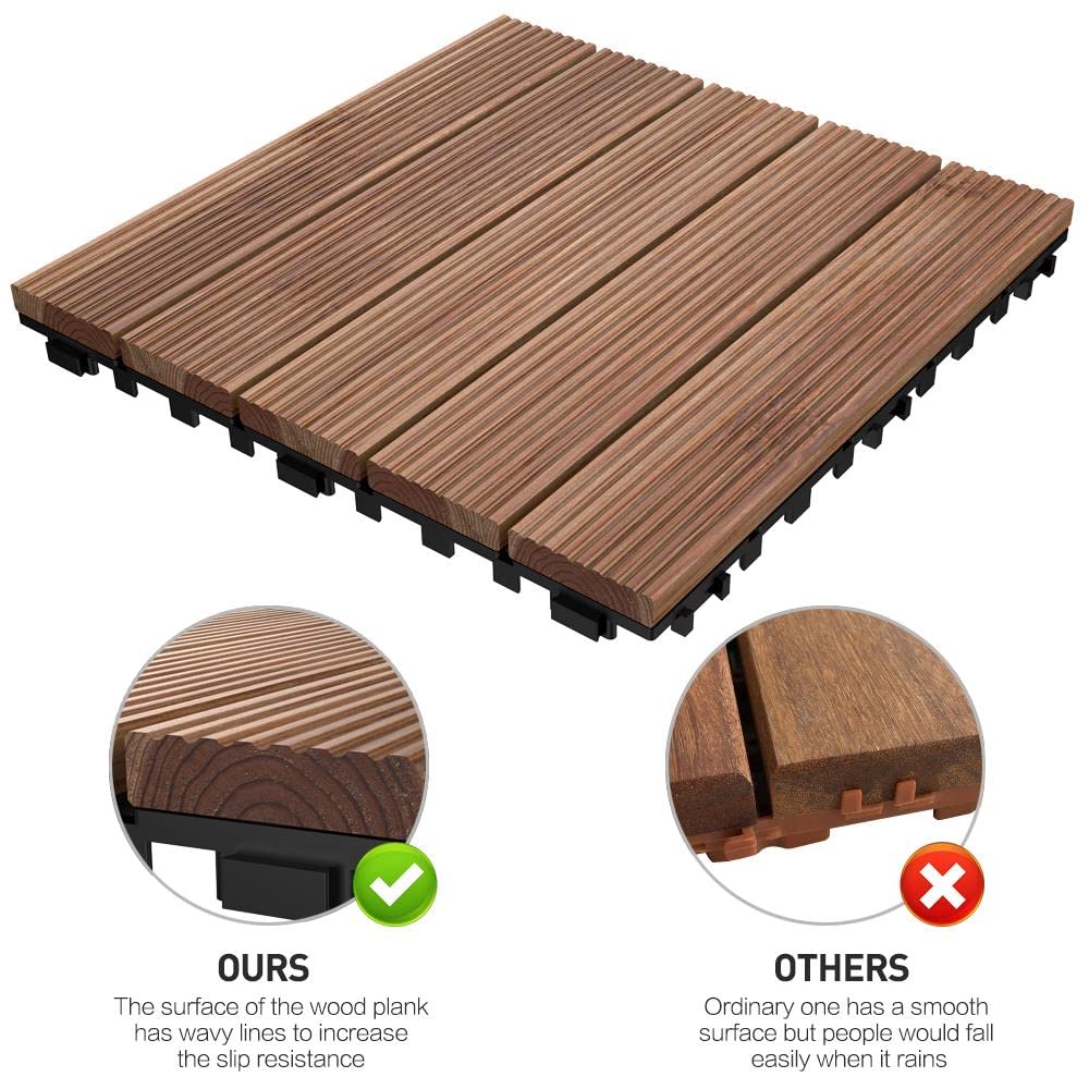 12 x 12in Patio Tiles Wood Floor Deck Tiles Interlocking Wooden Composite Decking Floor Tiles Outdoor for Garage Patio (11PCS)