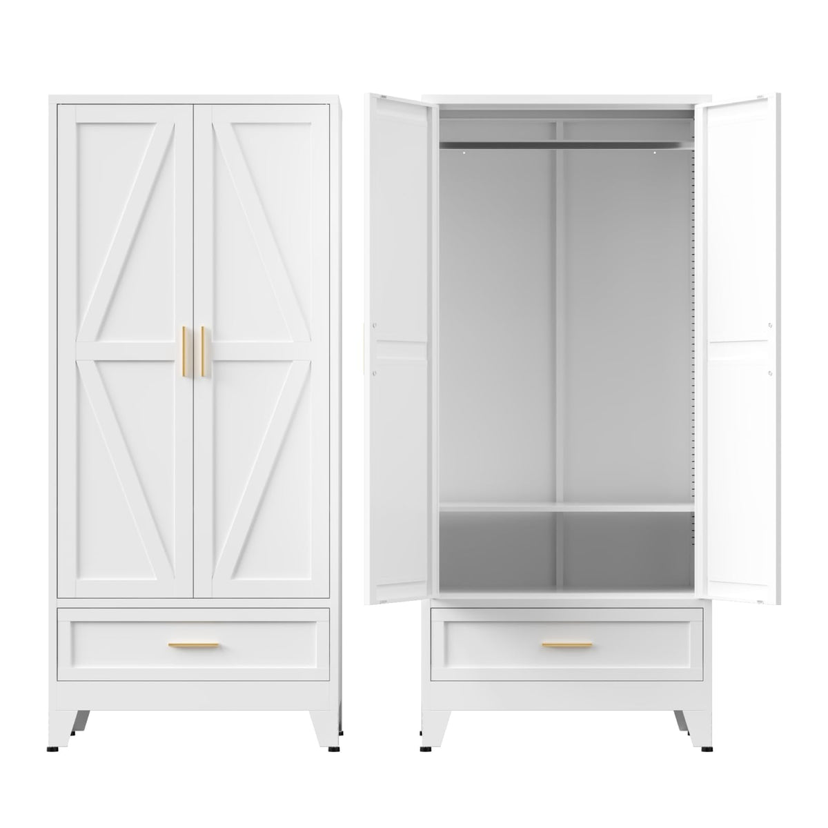 Metal Armoire Wardrobe Closet with Drawer, 71'' Tall Farmhouse Bedroom Armoires with Doors and Hanging Rod
