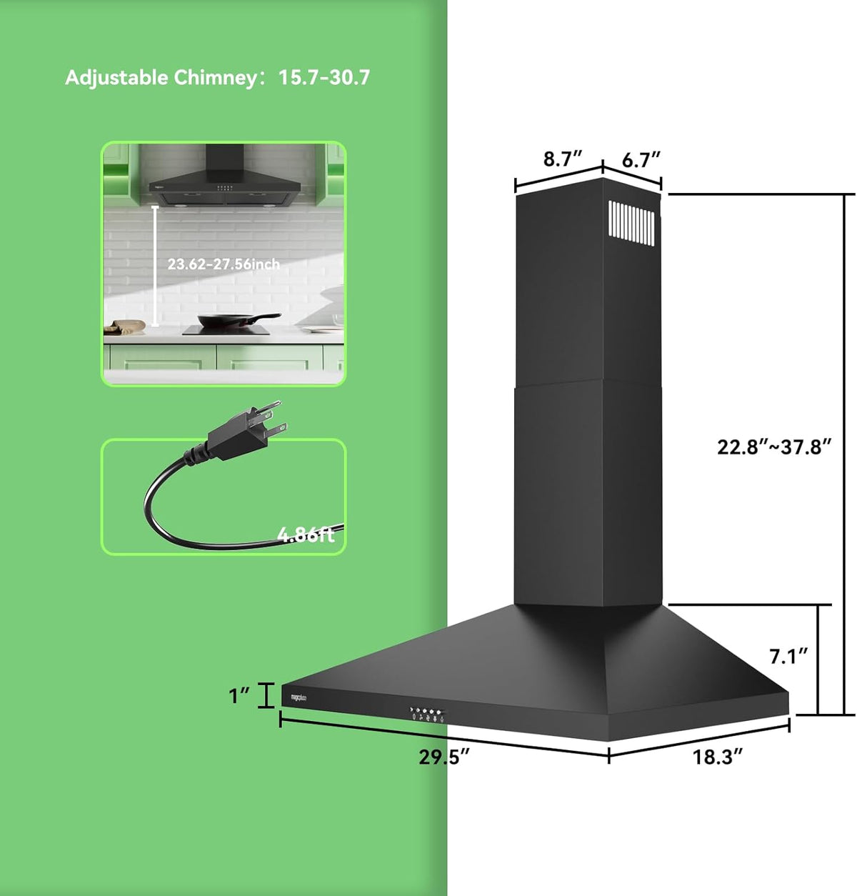 30 Inch Black Stainless Steel Wall Mount Range Hood 380 CFM 3 Speed LED Lights Convertible Ducted/Ductless