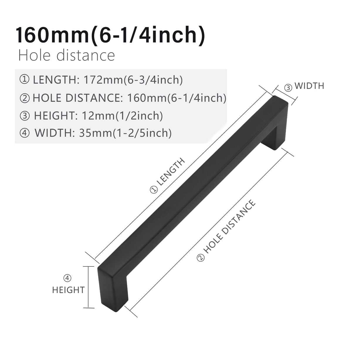 5 Pack 6-1/4 Inch Matte Black Cabinet Pulls, Square Drawer Handles