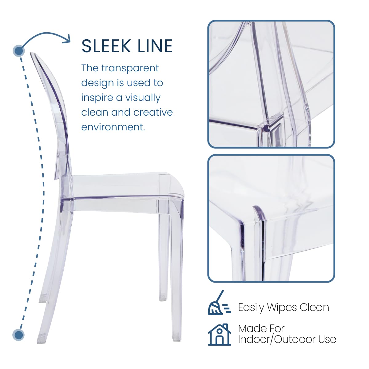 Ghost Chairs Set of 4, 15" Seat, Clear Armless Chairs