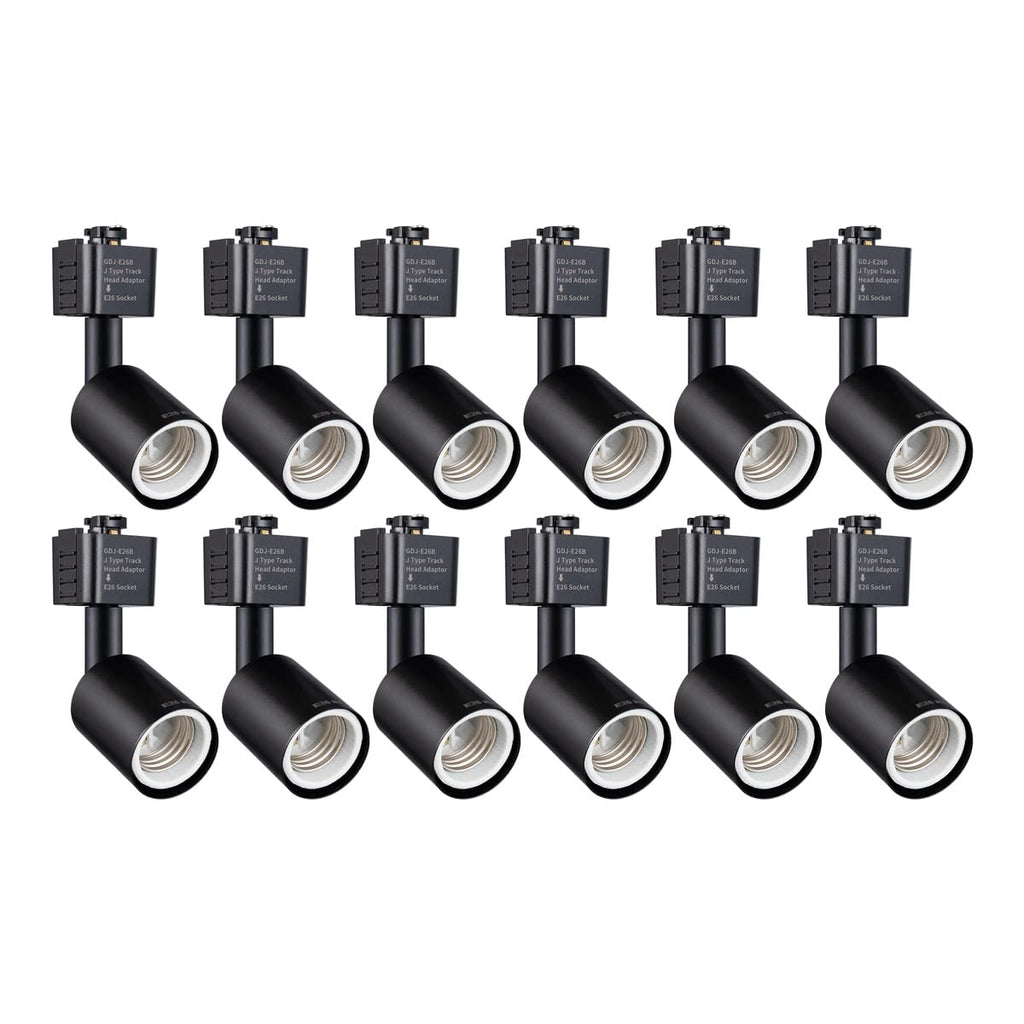 J Type Track Lighting Head to E26 Medium Screw Base Adapter Light Direction Adjustable Pack of 12 (Black)