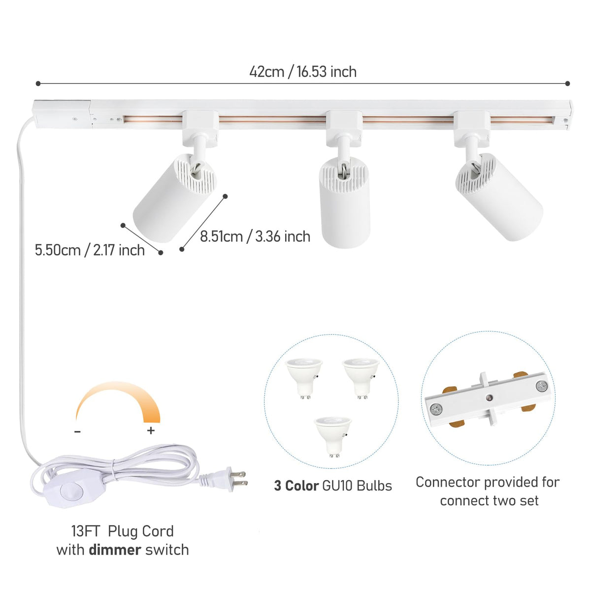 Dimmable Plug in Track Lighting with Power Cord, 3-Light White