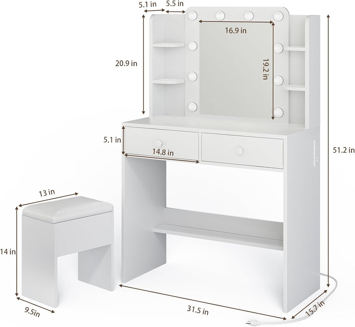 Makeup Vanity Desk with Lighted Mirror and Chair Set, White | 10 LED Light Bulbs, 3 Lighting Modes, Built-in Power