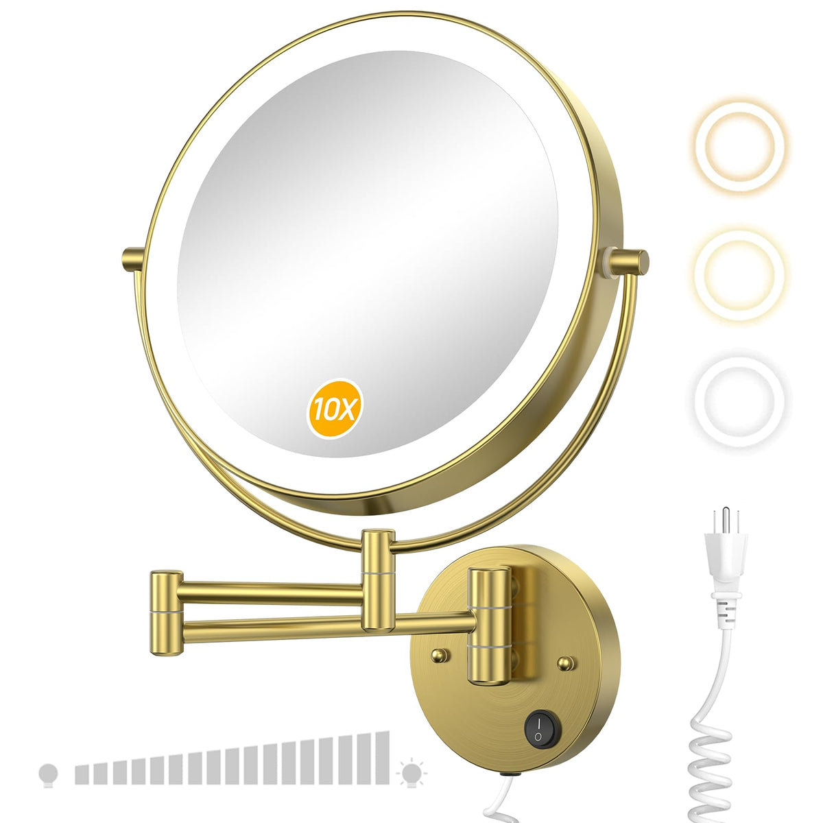 9" Wall Mounted Lighted 1X/10X Magnifying Mirror, Gold