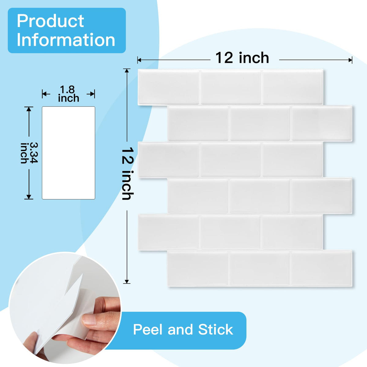 10-Pack Subway Peel and Stick Backsplash, White Washed, 12 x 12 Inch