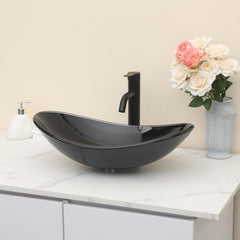 Kichae Oval Glass Vessel Sink - 21" x 14" Black Tempered Glass Bathroom Vessel Sink for Bathroom Vanity Above Counter