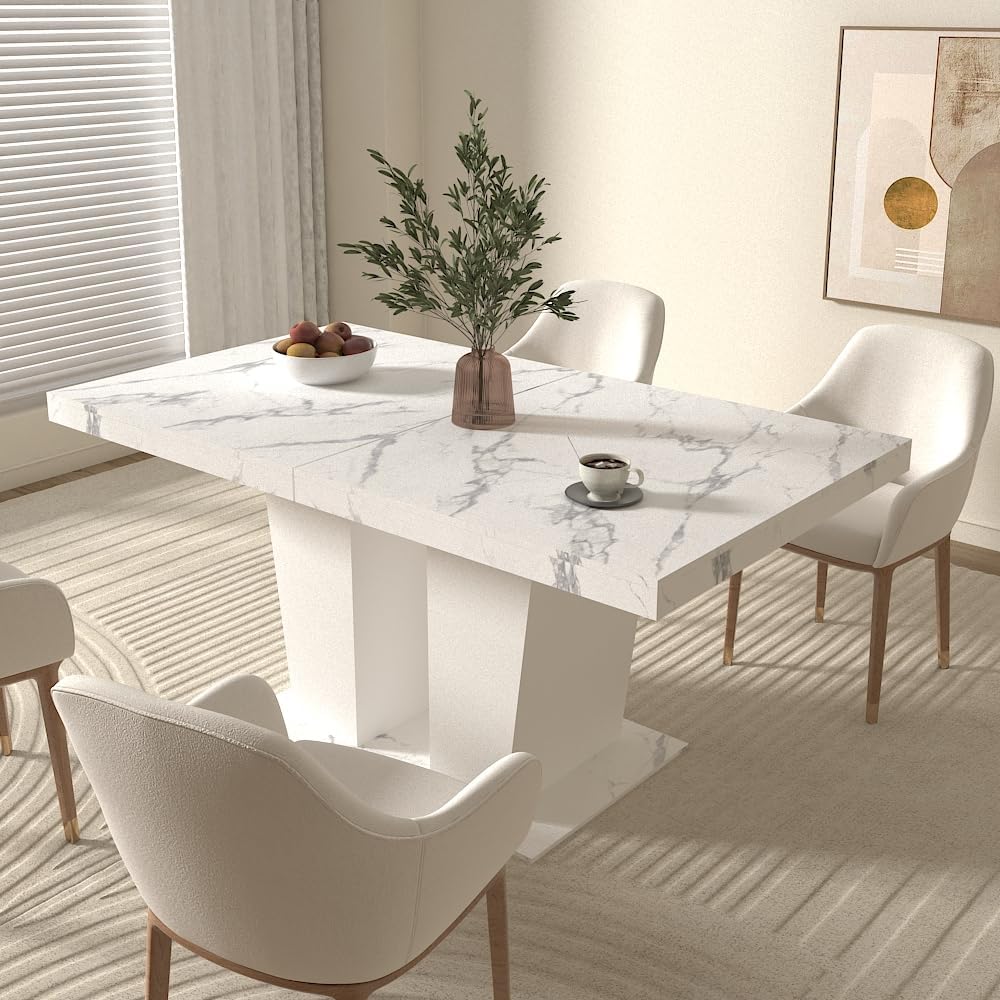 Extendable Dining Room Table for 6-10 Person, Modern Large Rectangular Kitchen Tables w/Dual Column Pedestal Base for Kitchen Living Room, White Marble