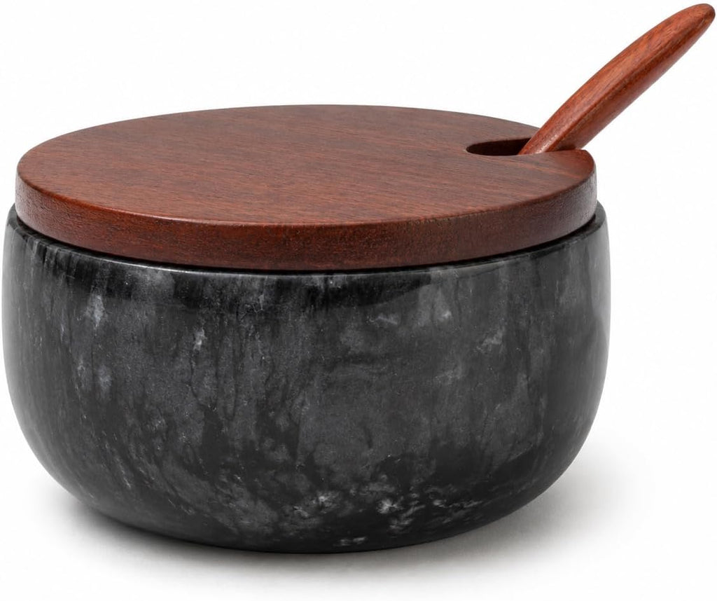 Marble Salt Cellar with Lid and Spoon, Acacia Wood, Black