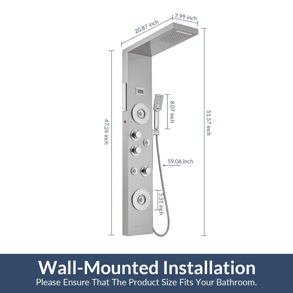 Nickel and Chrome 6 in 1 Shower Panel Tower System Rainfall Shower Panel