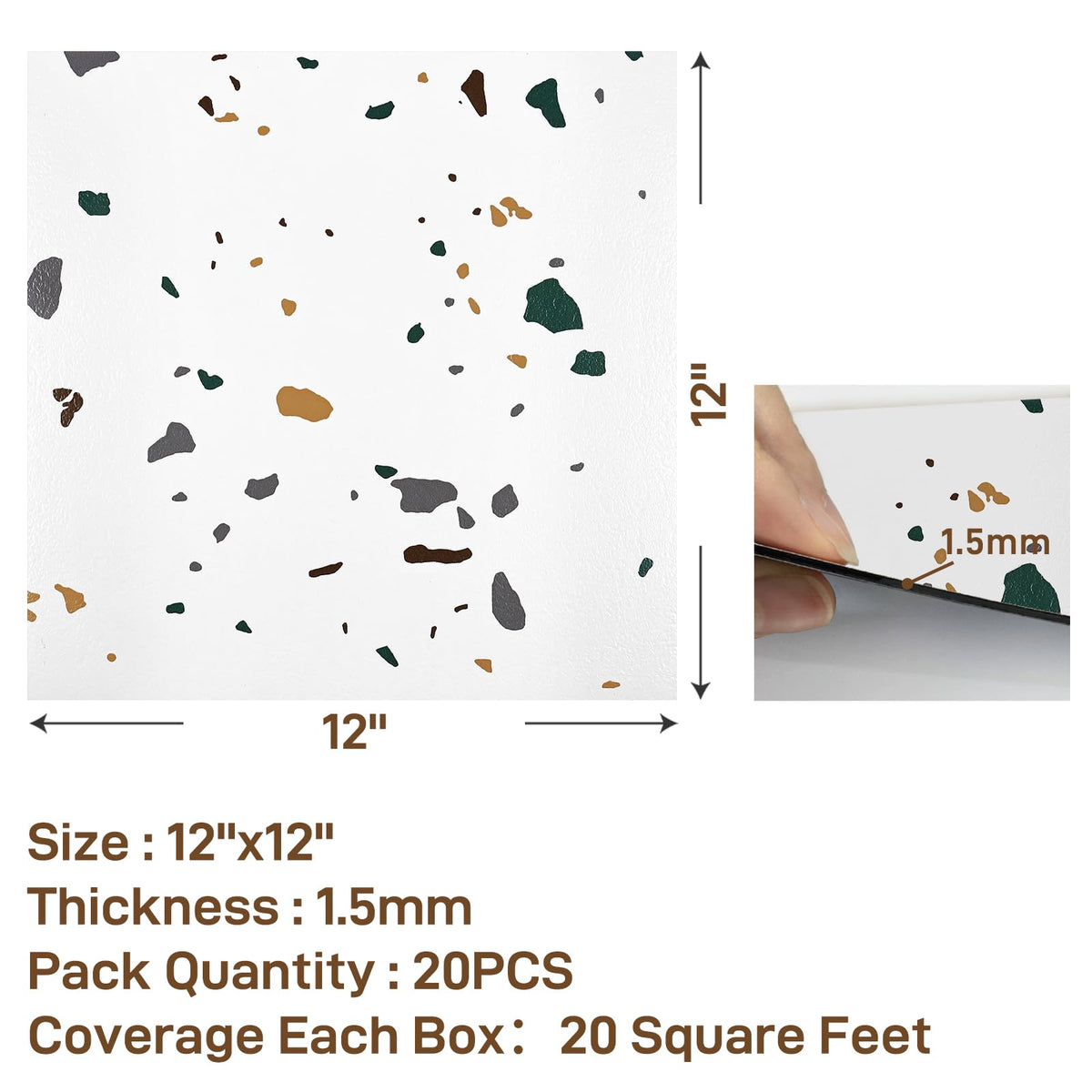 12"x12" 20 Pack Modern White Terrazzo Floor Tiles Peel and Stick Waterproof Bathroom Vinyl Flooring Sticky Tiles for