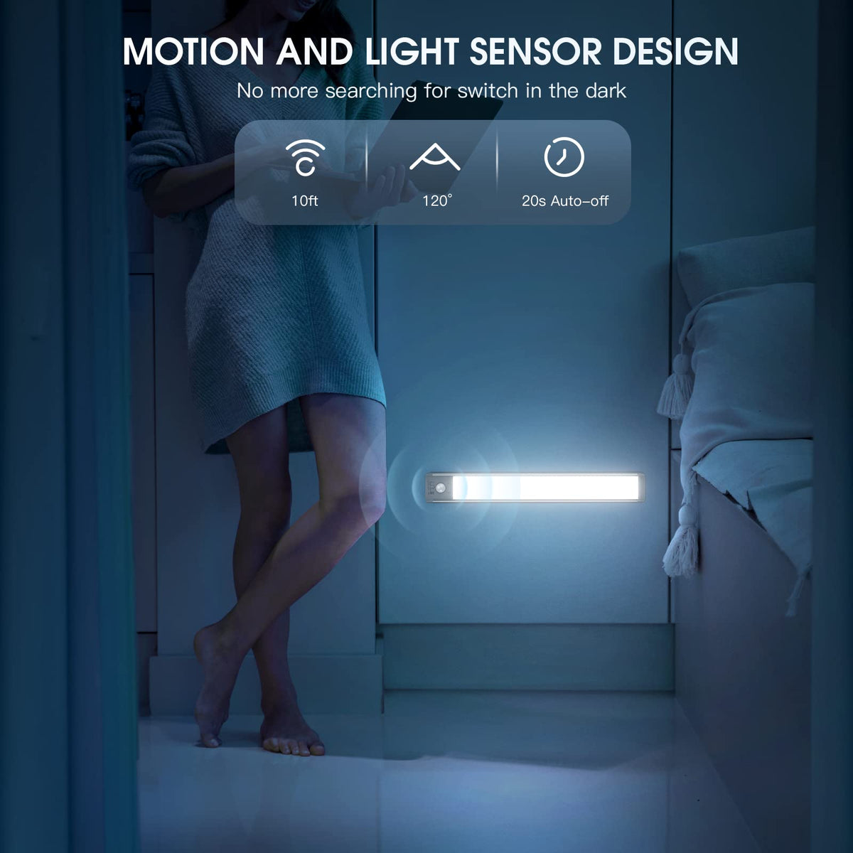 Under Cabinet Lighting, 14.7" Rechargeable Motion Sensor Light Indoor, 2 Pack Magnetic Dimmable Closet Lights