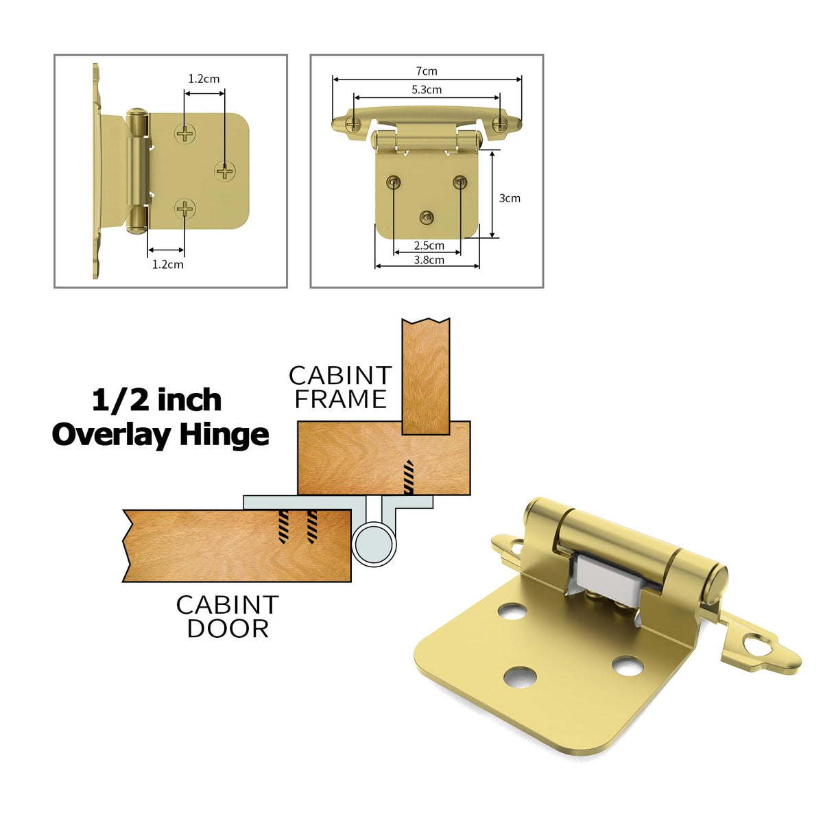 1/2" Overlay Cabinet Hinges, 10 Pack Self Closing Flush Mount Hinges with Door Bumper, Variable Decorative Hardware