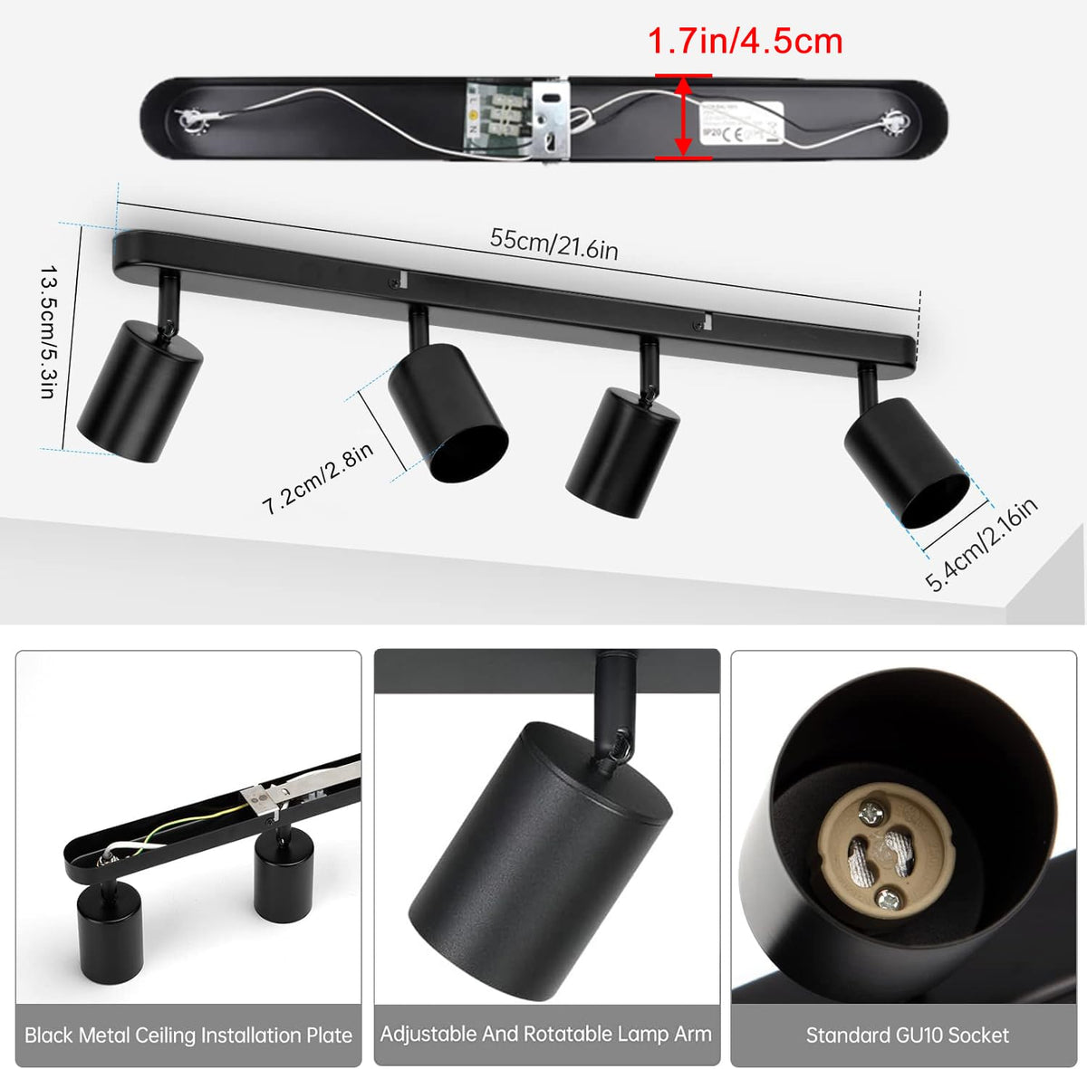 4 Way Track Lighting Kit Flexibly Rotatable Track Light Ceiling Kitchen LED Ceiling spot Light, Picture Wall