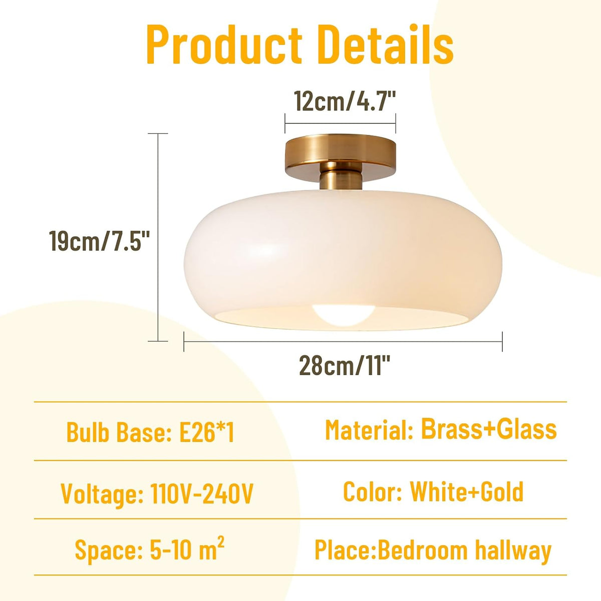 Mid Century Modern Ceiling Light - MCM Milk Glass Flush Mount with 11" White Dome Shade - Gold Brass Ceiling Lamp
