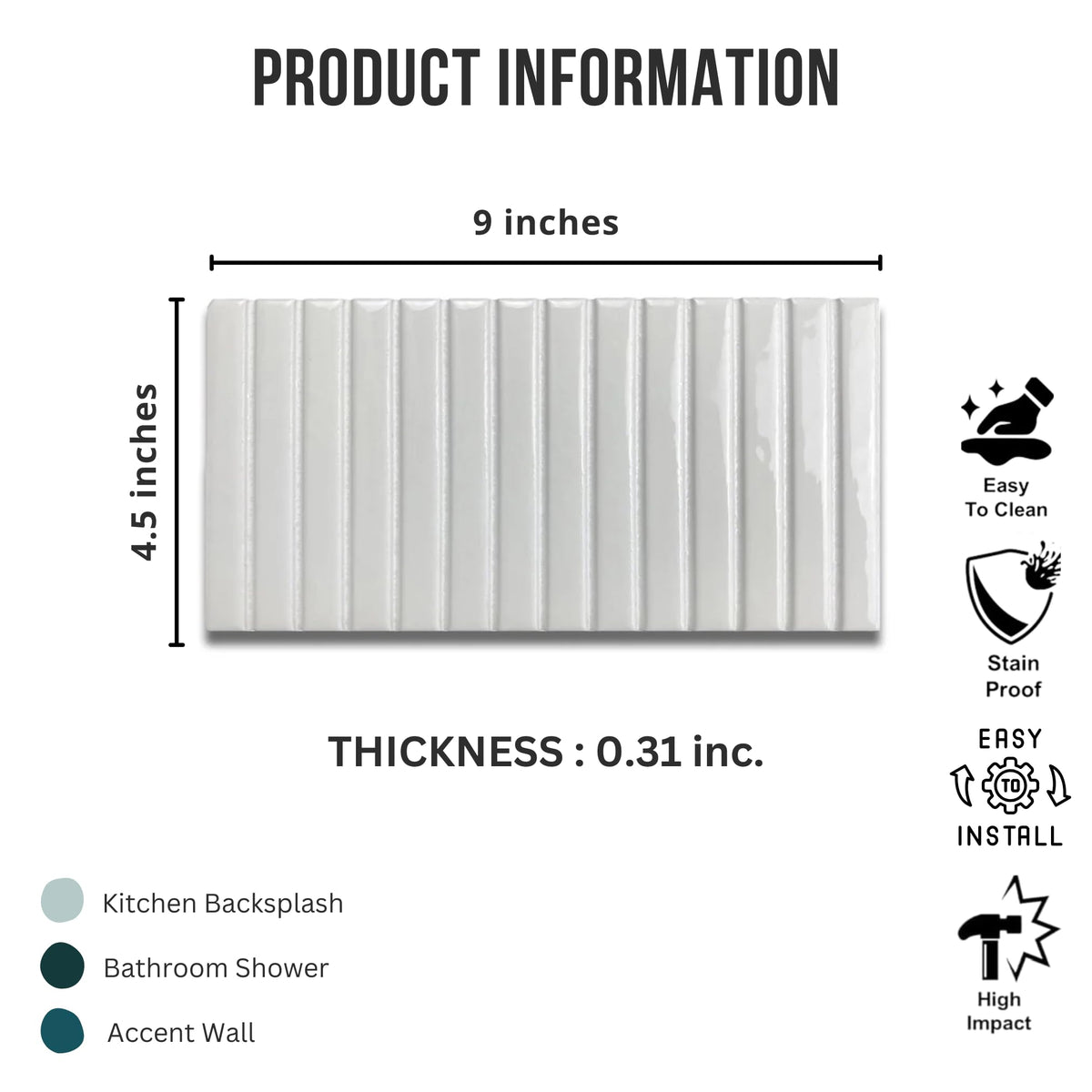 Scandia Glossy White 4.5x9 Ribbed Porcelain Wall Tile, 3D KitKat Fluted Decorative Tile Backsplash, Bathroom, Shower
