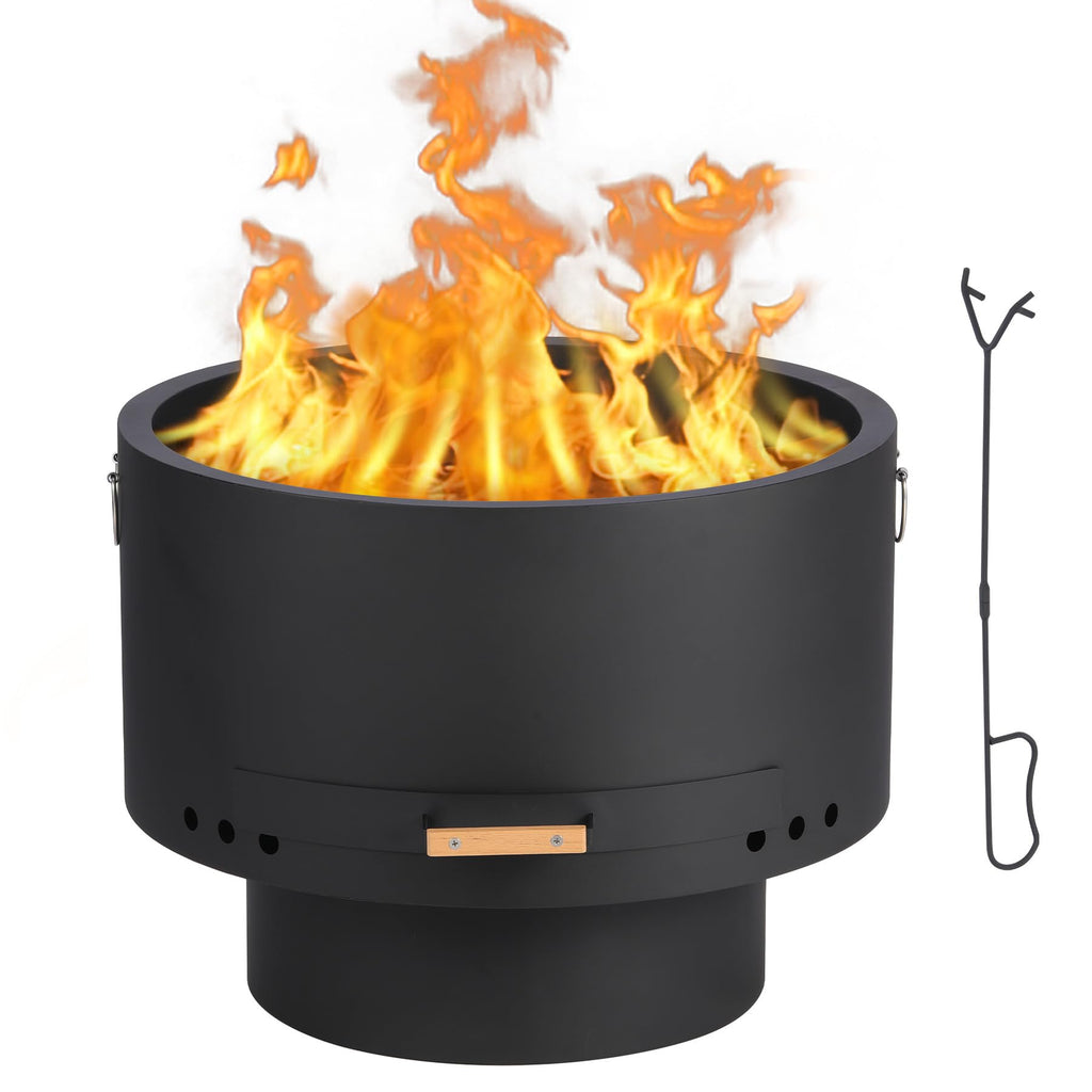 Smokeless Firepit- 26" Wood Burning Fire Pit with 360° Airflow, Removable Ash Pan & Bamboo Lid - Low Smoke Bonfire