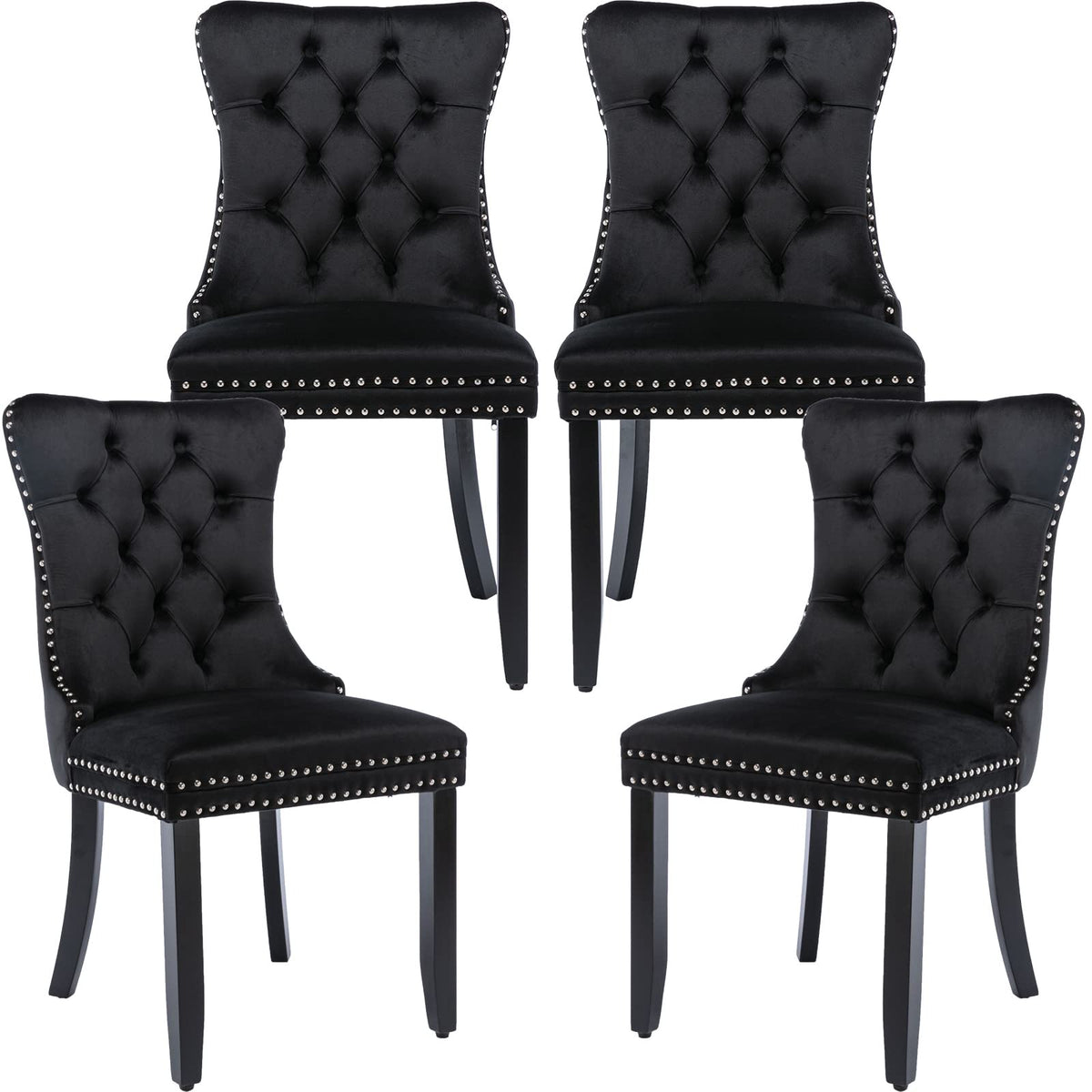 Modern Tufted Upholstered Dining Chairs Set of 4, Classic Black Velvet Dining Room Chair with Solid Wood Legs, Sillas