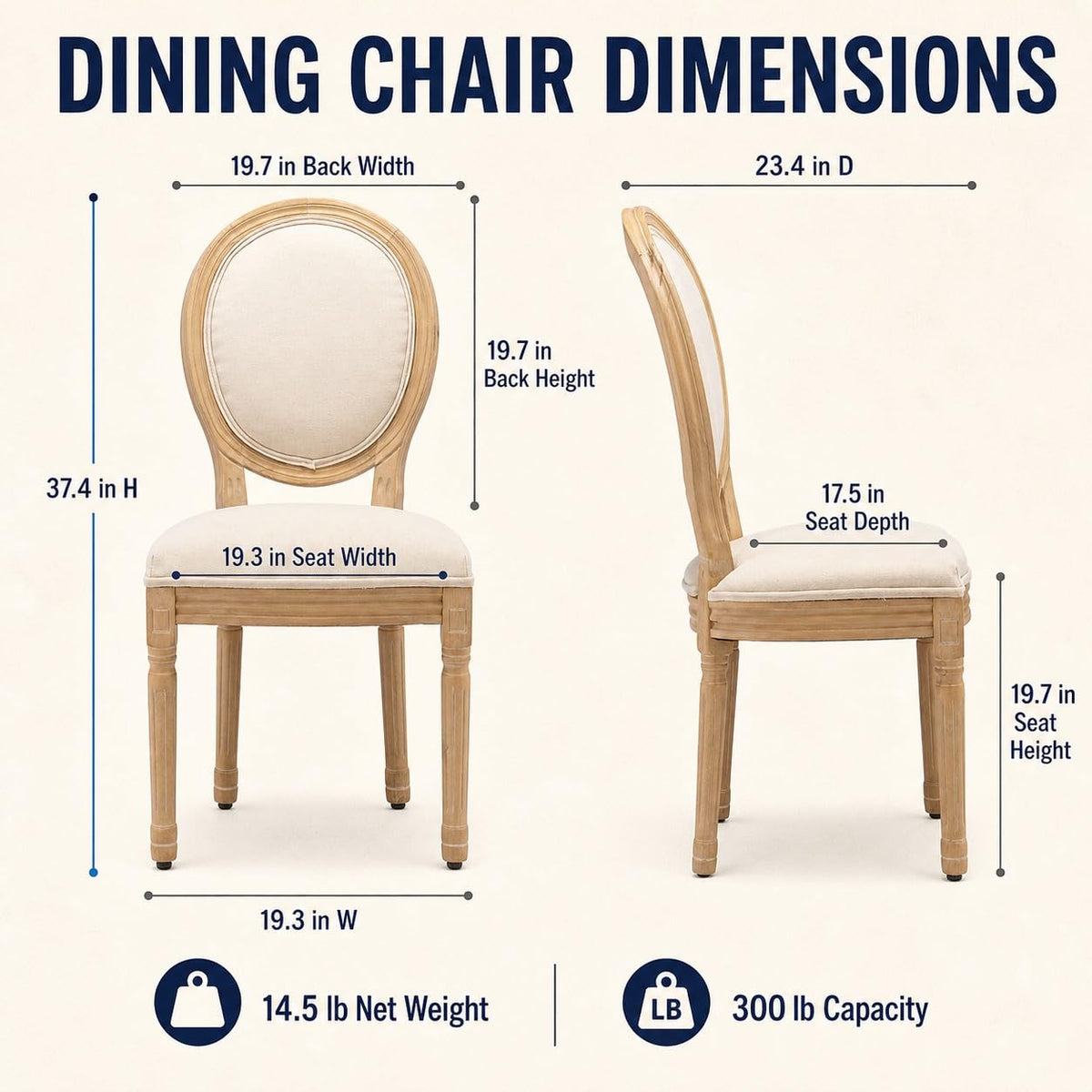 French Country Set of 6, Cream Kitchen & Dinning Chairs Set of 6, Ivory Linen Upholstered, Sillas De Comedor, Wood
