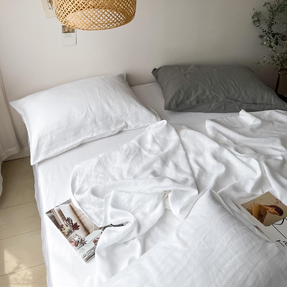 100% Linen Sheet Set Solid Color-4 Pcs Washed French Linen Bed Sheets(1 Flat Sheet, 1 Fitted Sheet, 2