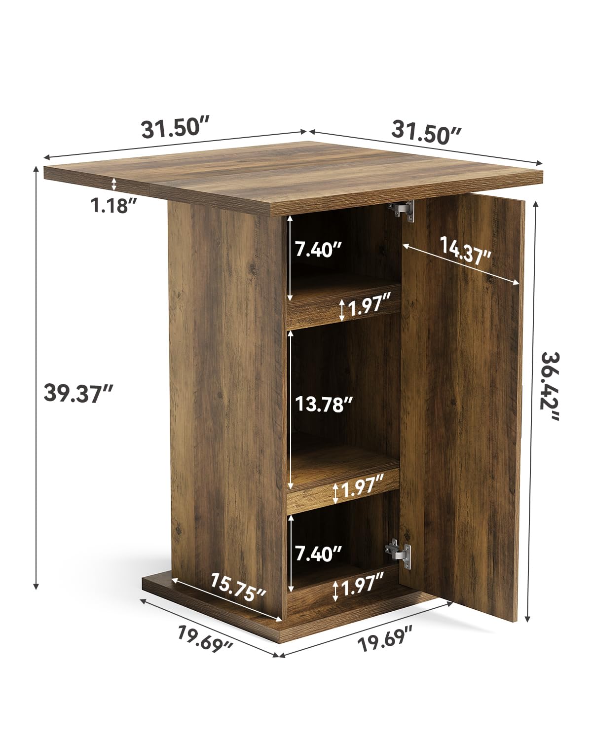 Bar Table with Storage Cabinet, 39.4" H Square High Top Pub Table, Wood Bistro Cocktail Table, Farmhouse Design with