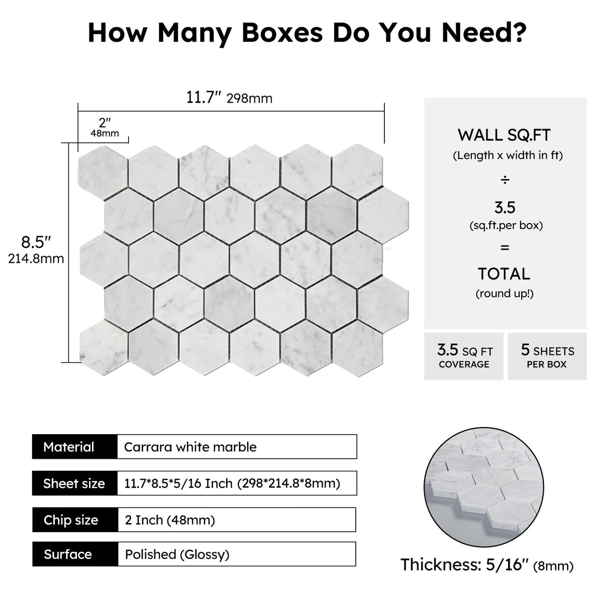 Carrara White Marble Mosaic Tile, 2 Inch Hexagon, Polished, 5 Sheets