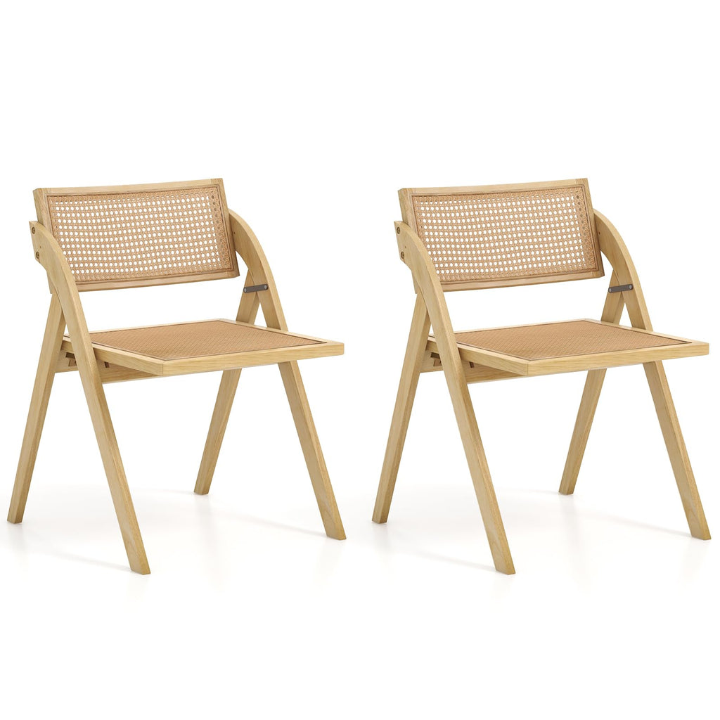 Folding Dining Chairs Set of 2, Wooden Folding Chair with Rattan Backrest & Seat, Sturdy Rubber Wood Frame, Armless