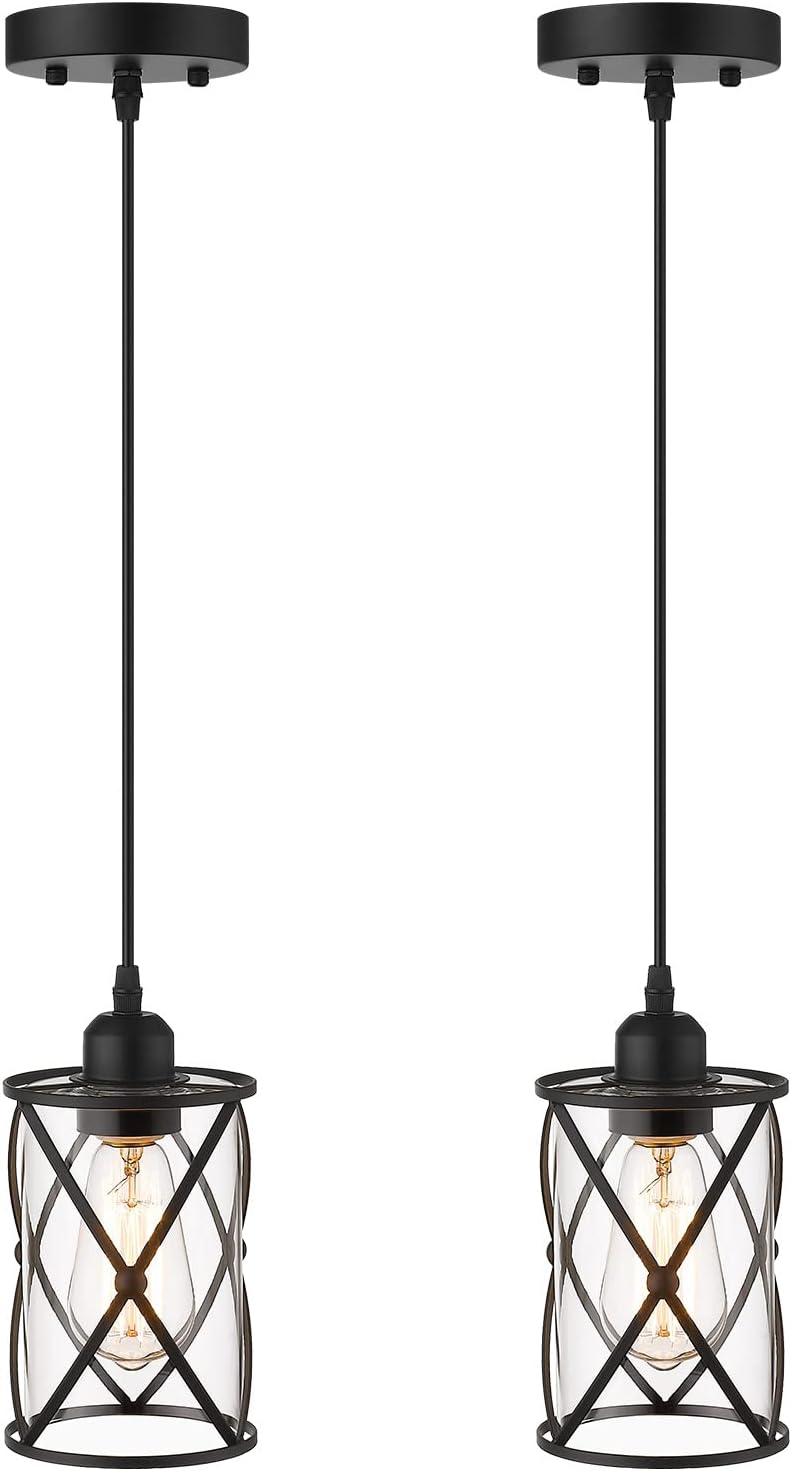 Glass Pendant Lights Kitchen Island 2 Pack, Black Mini Pendant Light with Clear Glass, Farmhouse Industrial Cage