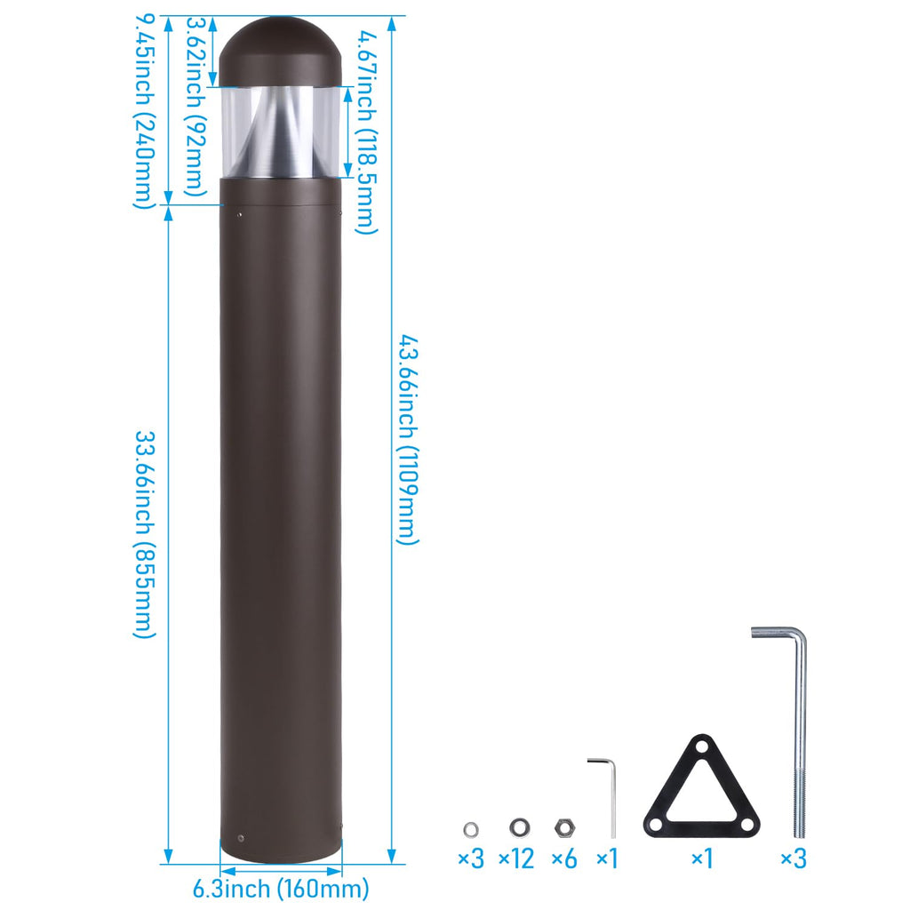 3CCT LED Bollard Landscape Pathway Light, 43", Beam-Focus