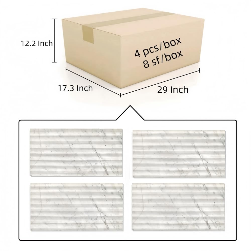 3D Fluted White Marble Wall Tiles, 12 x 24 Inch, 4 Pieces, OL Finish
