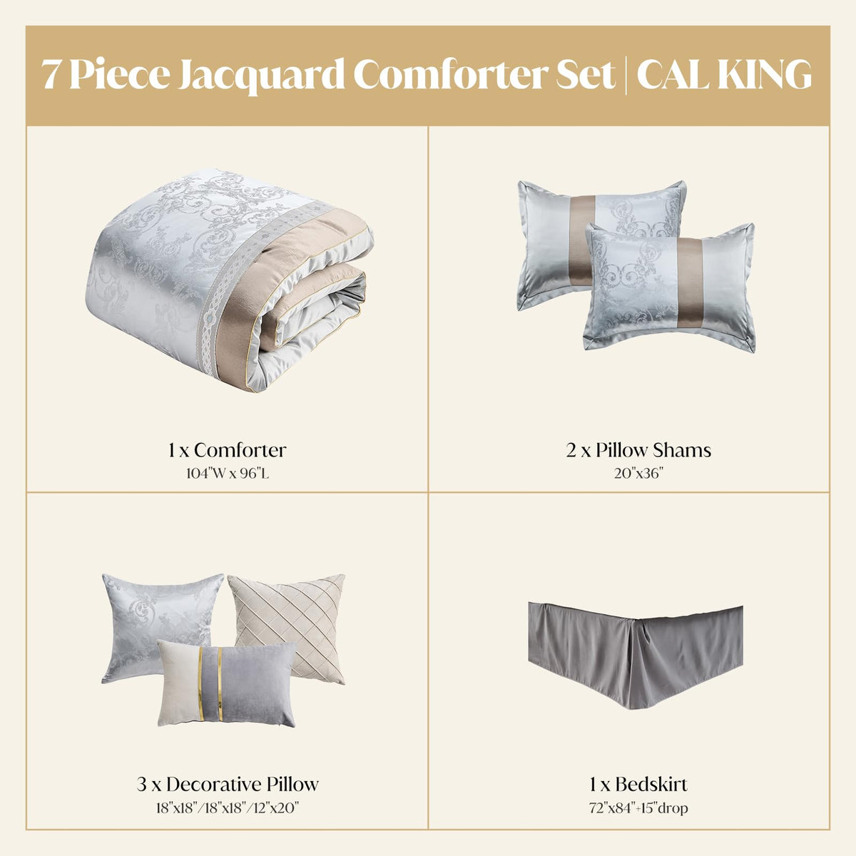 Silver Gray Comforter Set, 7PC Jacquard Bed in a Bag