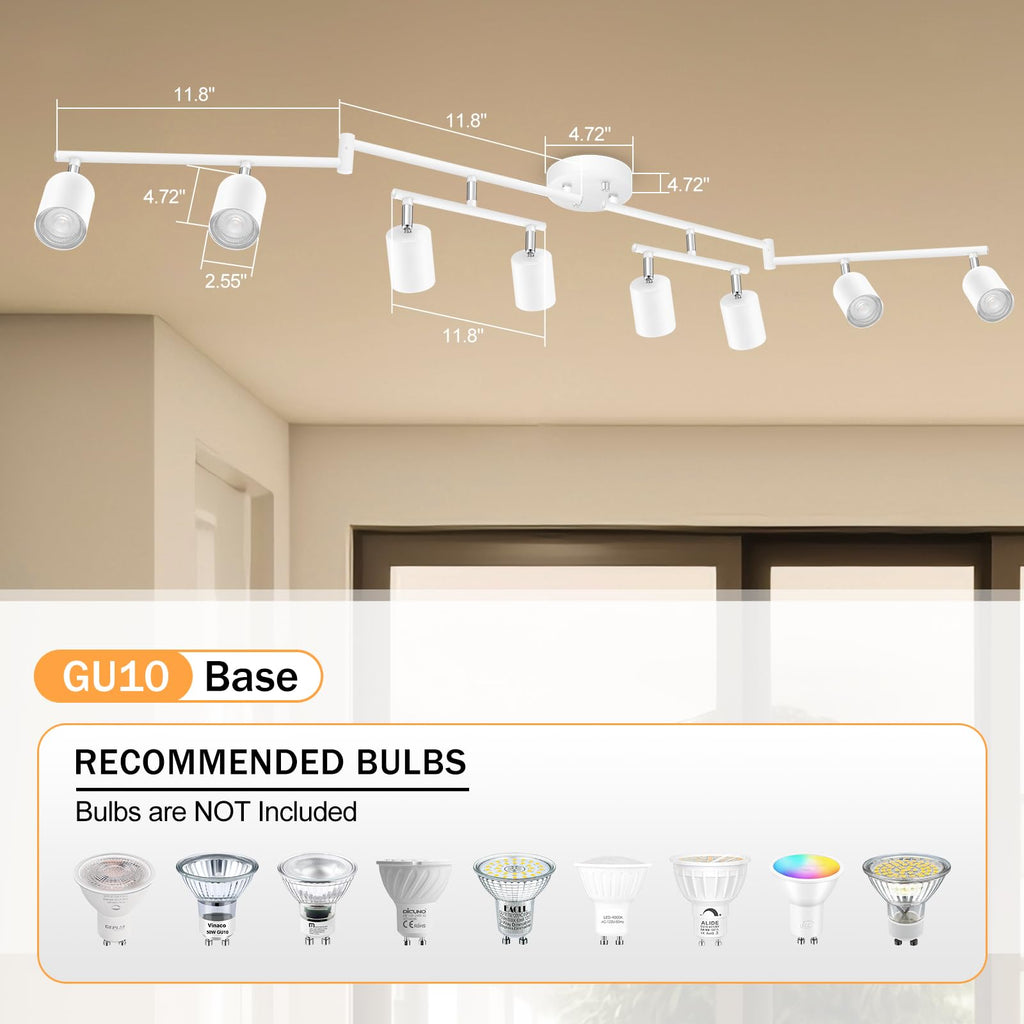 LED 8 Light Track Lighting Kit, White 8 Way Ceiling Spot Lighting, Flexibly Rotatable Light Head, GU10 Bulb Not