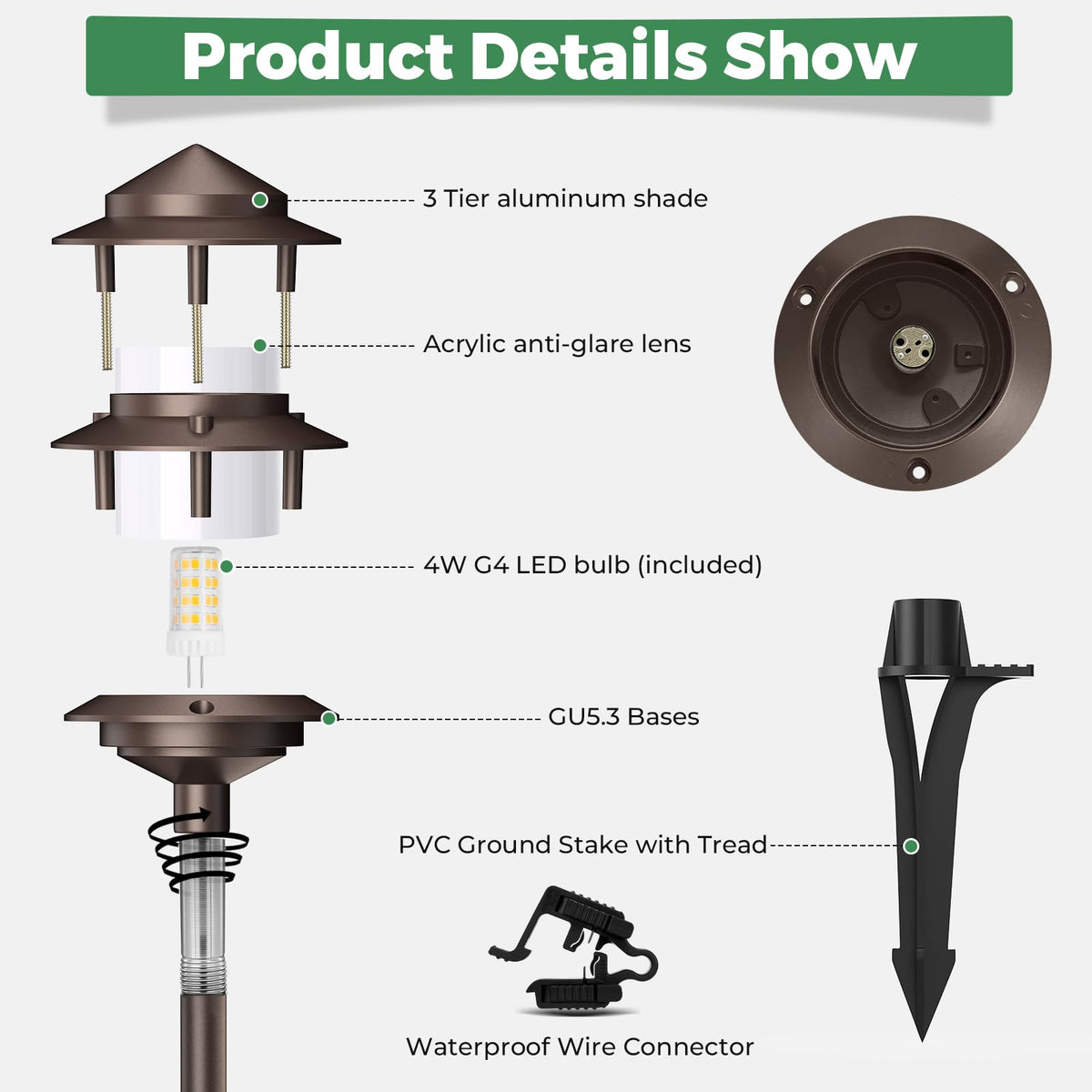 Pagoda Low Voltage Landscape Pathway Lights, 12V Outdoor LED Path Lights Wired, Aluminum Walkway Lighting with 4W