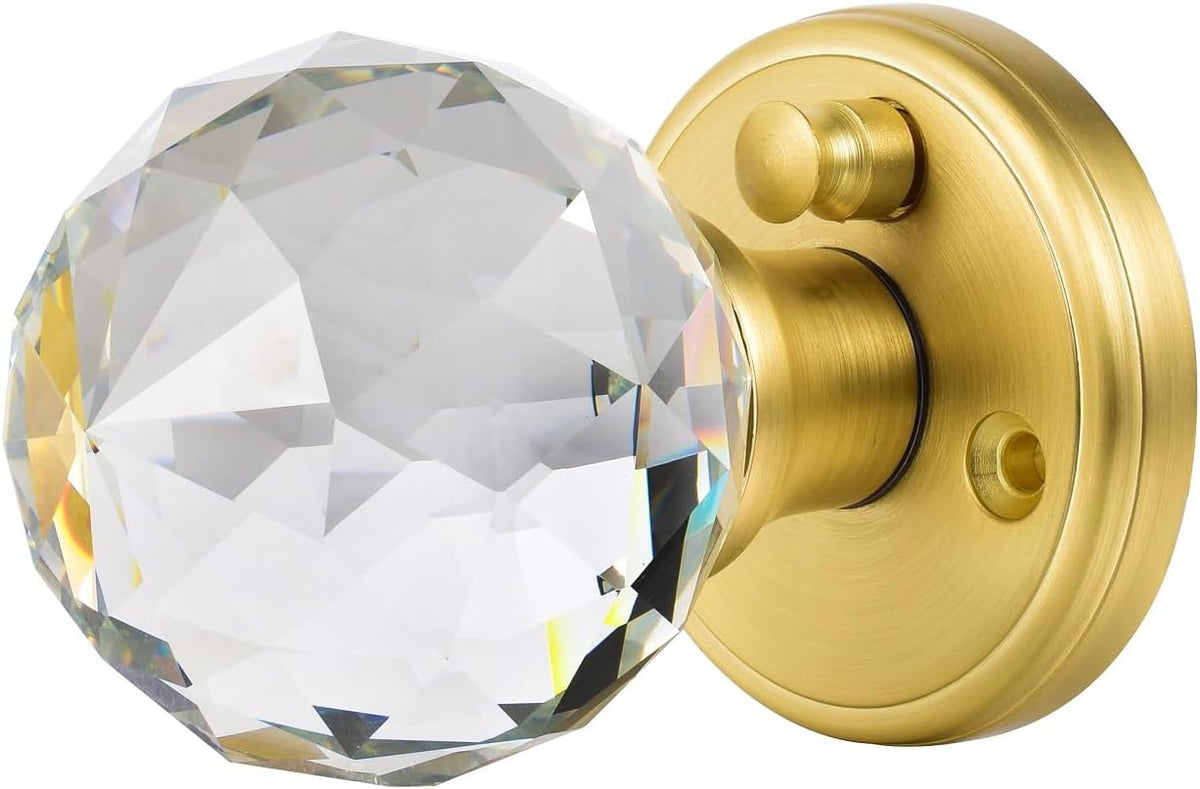 Crystal Glass Door Knobs Interior with Lock, Privacy Bathroom Bedroom Door Knobs Gold Door Knob, Satin Brass