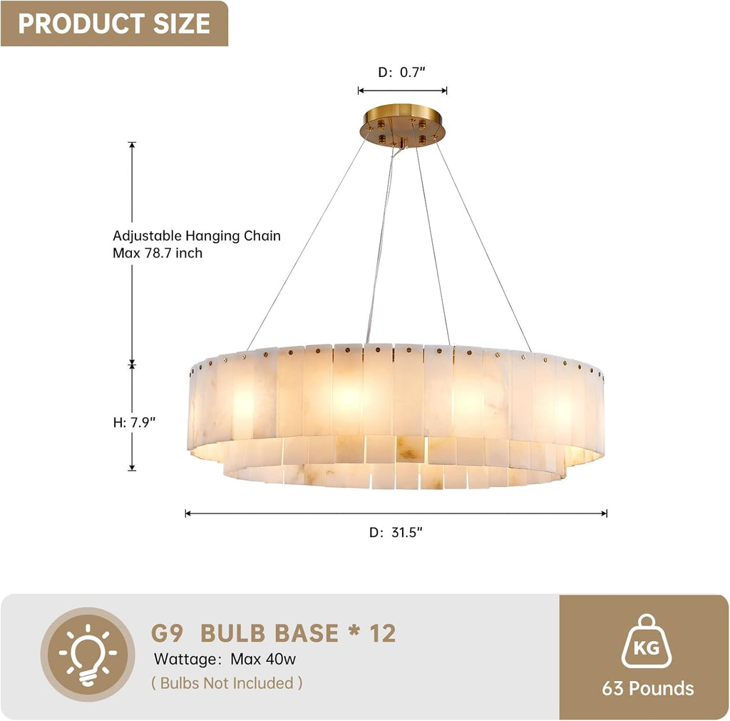 Inspired Alabaster Style 31.5" D Alabaster Morden Chandeliers for Dining Room 12 Lights Round Pendant Light Fixture Kitchen Island Entryway Living Room,Brass