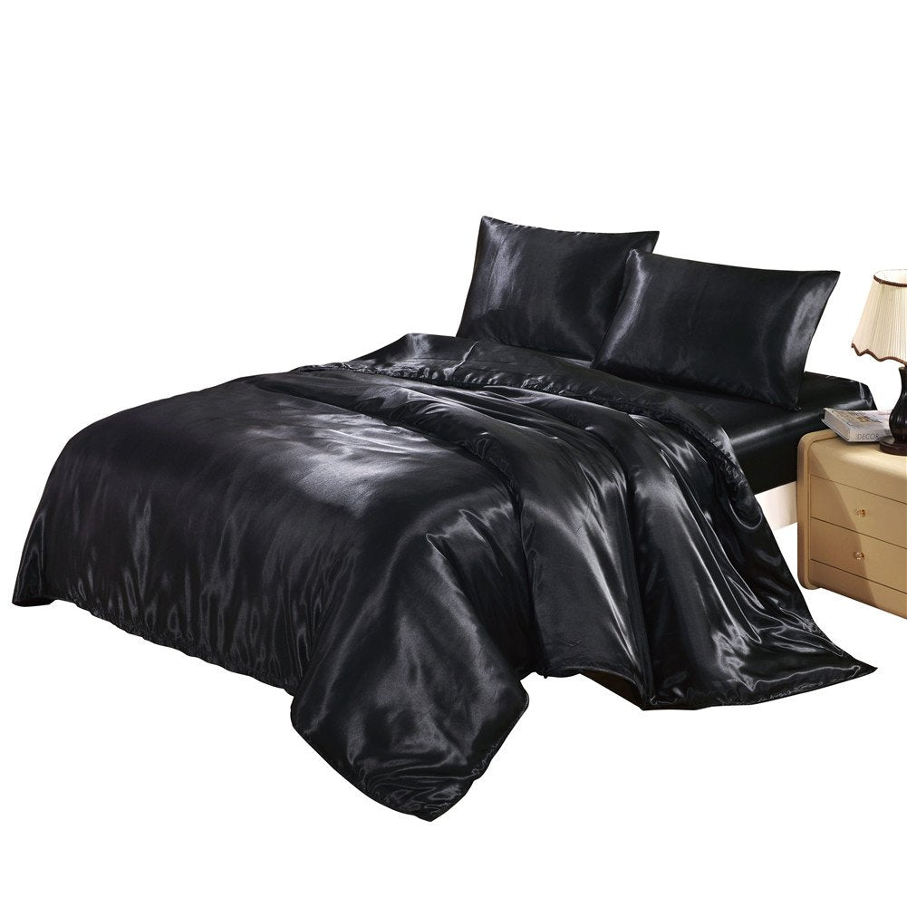 Hotel Quality Solid Silver Black Duvet Cover Set /Single Size Silk Like Satin Bedding with Hidden Zipper Ties
