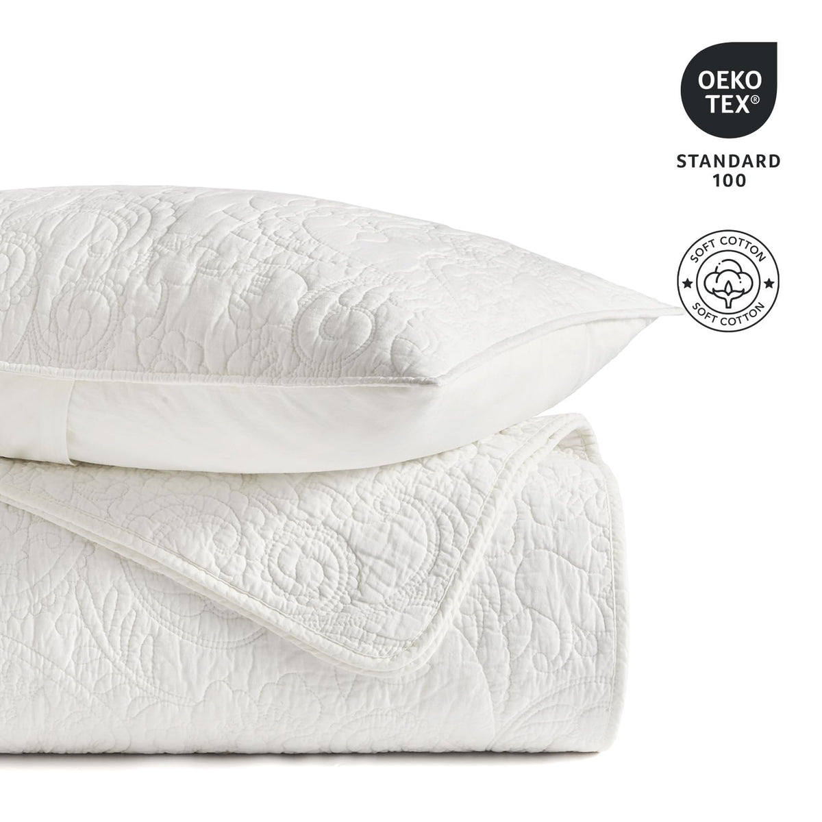 100% Cotton Paisley Quilt Set, Oversized King, Bright White