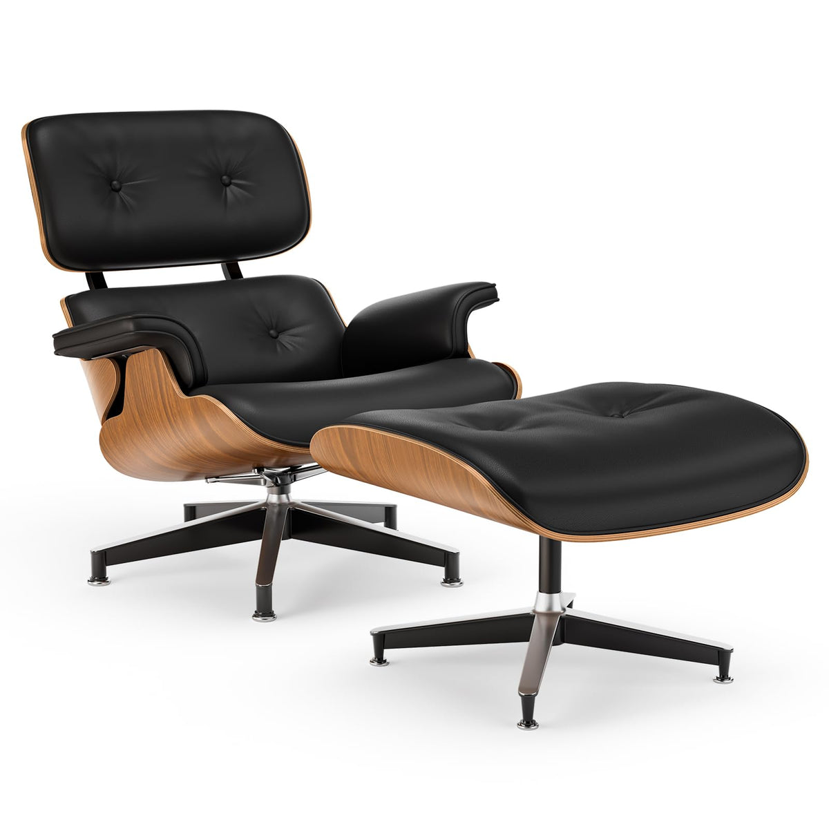 Inspired Eames Style Mid Century Modern Top PU Leather Chaise Lounge Chair & Ottoman
