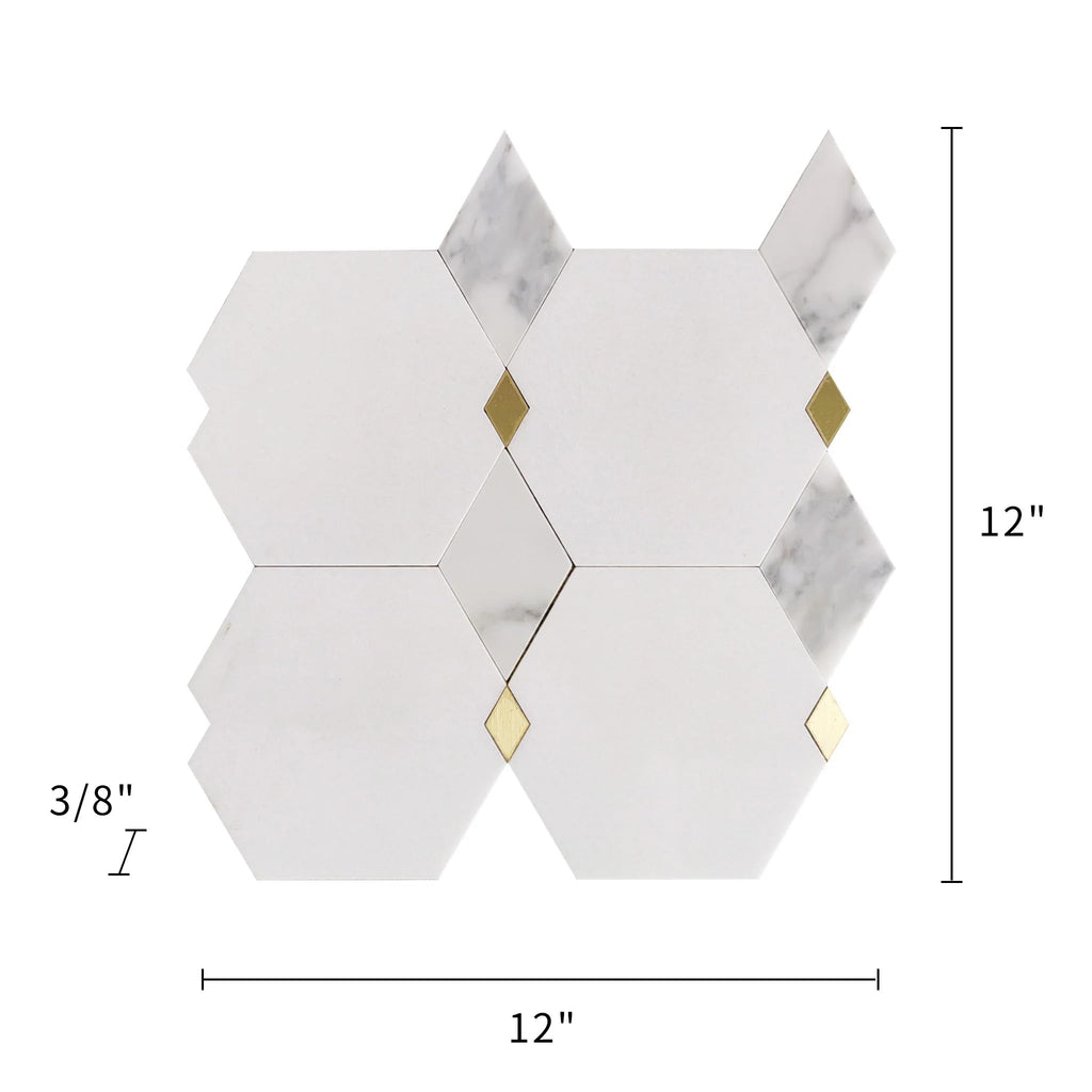 Calacatta Thassos Waterjet Mosaic, Marble with Brass, Polished, Wall Floor Tile
