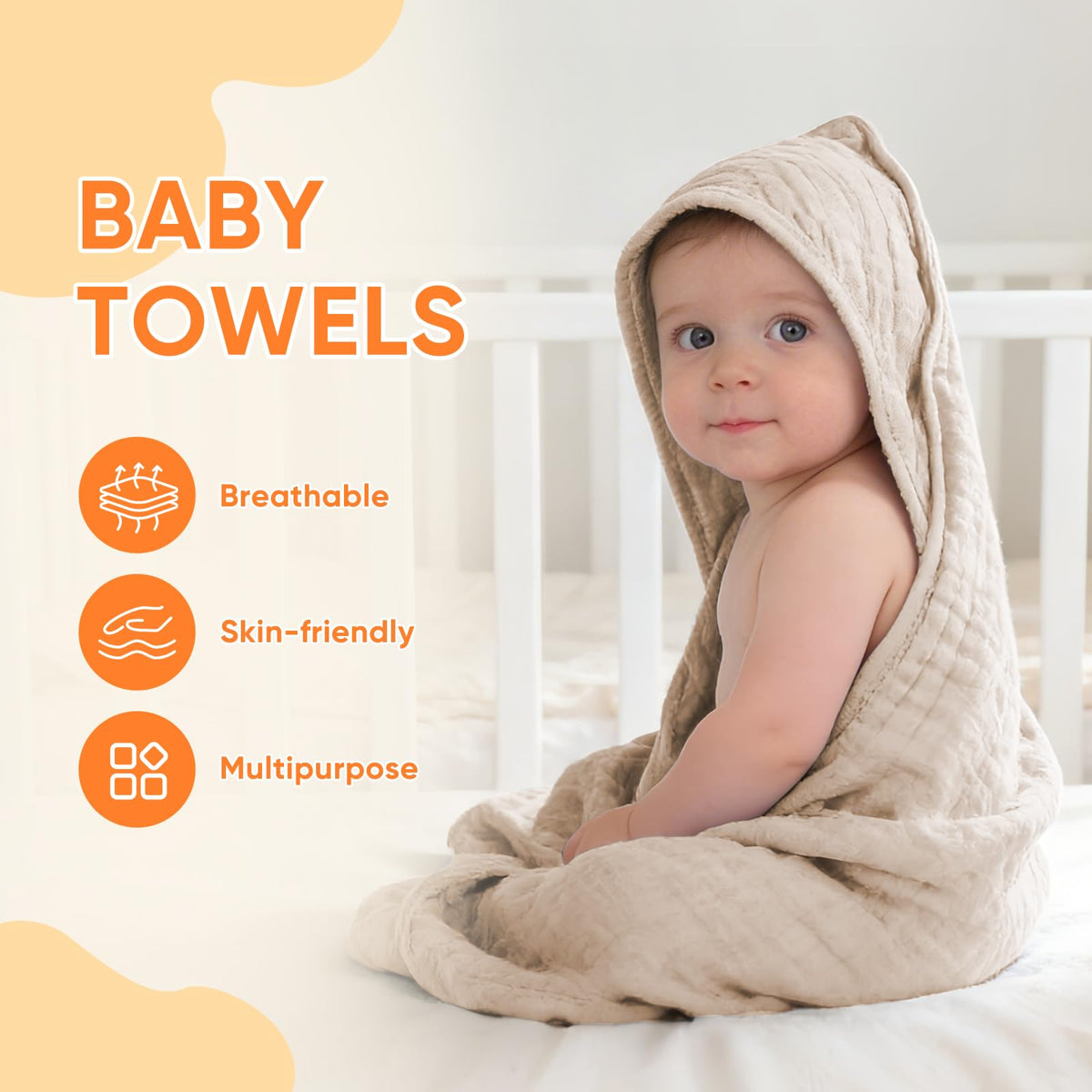 Muslin Hooded Baby Towels 100% Cotton,Super Soft Muslin Baby Bath Towel - 32 x 32 Inches, Suitable for Newborn and