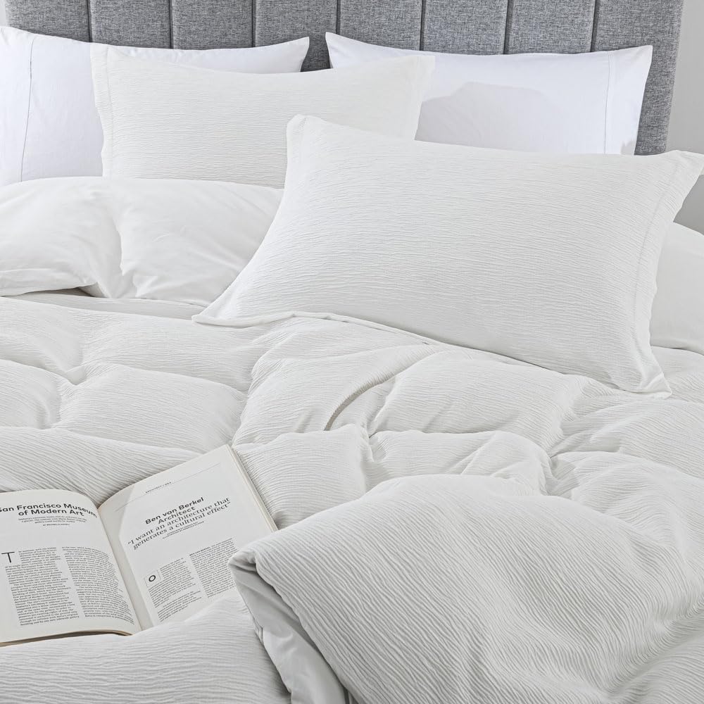 Textured Duvet Cover Set, White, Faux Cotton, 3 Piece