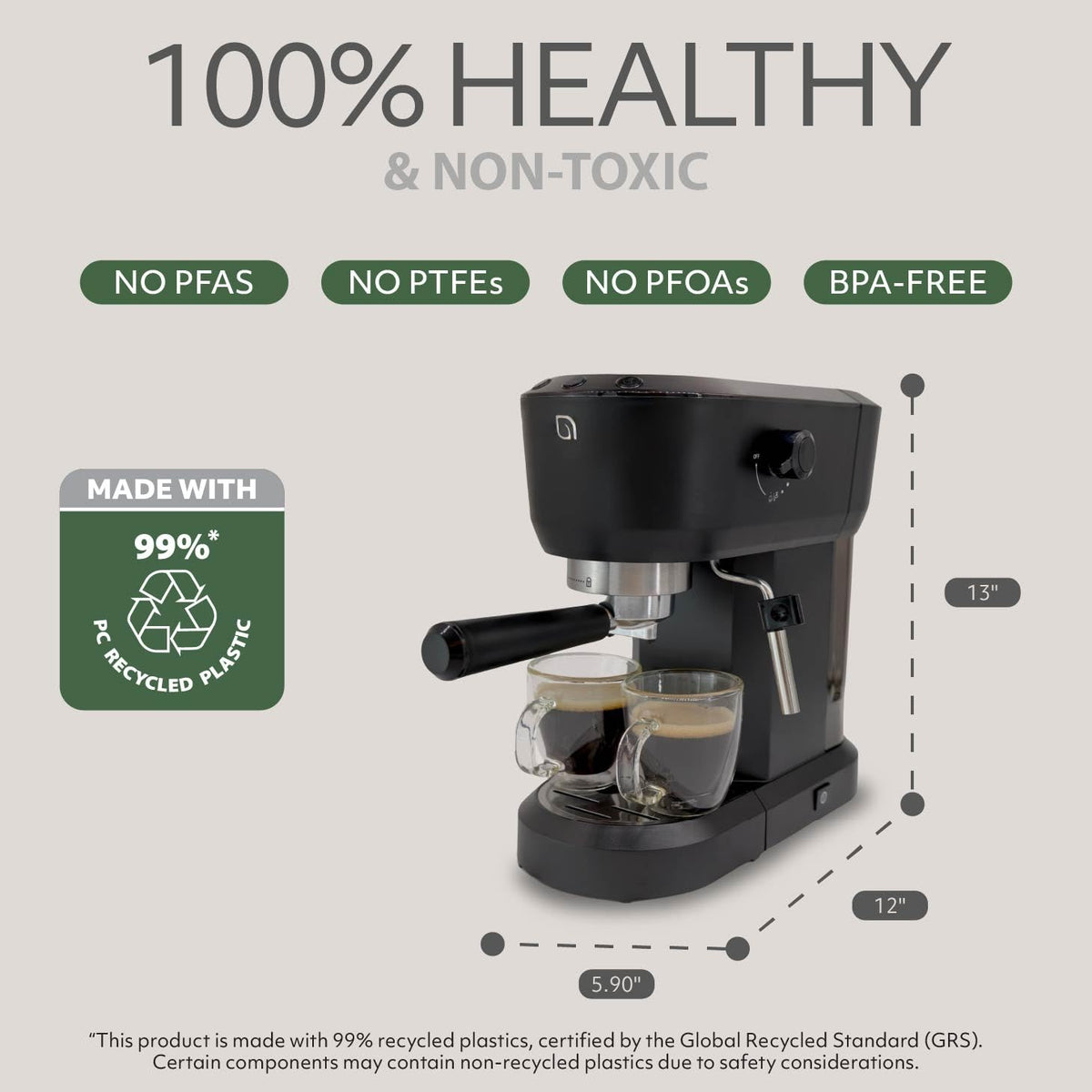 Eco Series Espresso Machine 15 Bar with Milk Frother Steam Wand, Built-In Tamper & Hot Water Dispenser, 1350W