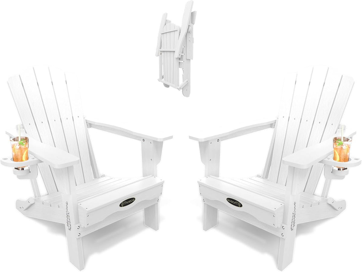 Folding Adirondack Chair Set of 2, HDPE Outdoor Chairs, Patio Chairs | All-Weather Fire Pit Chair Set of 2, with Cup