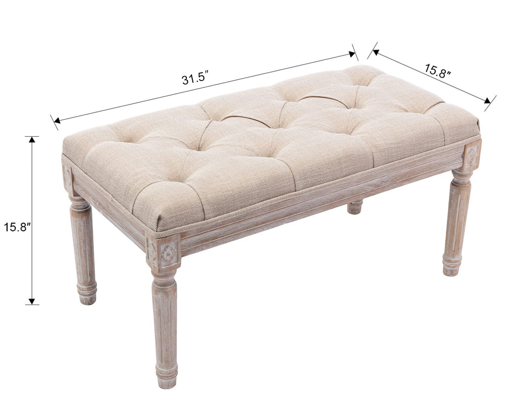 Fabric Entryway Bench with Button Tufted Seat and Rustic Wood Legs, Vintage Bedroom Bench End of Bed, Padded Extra