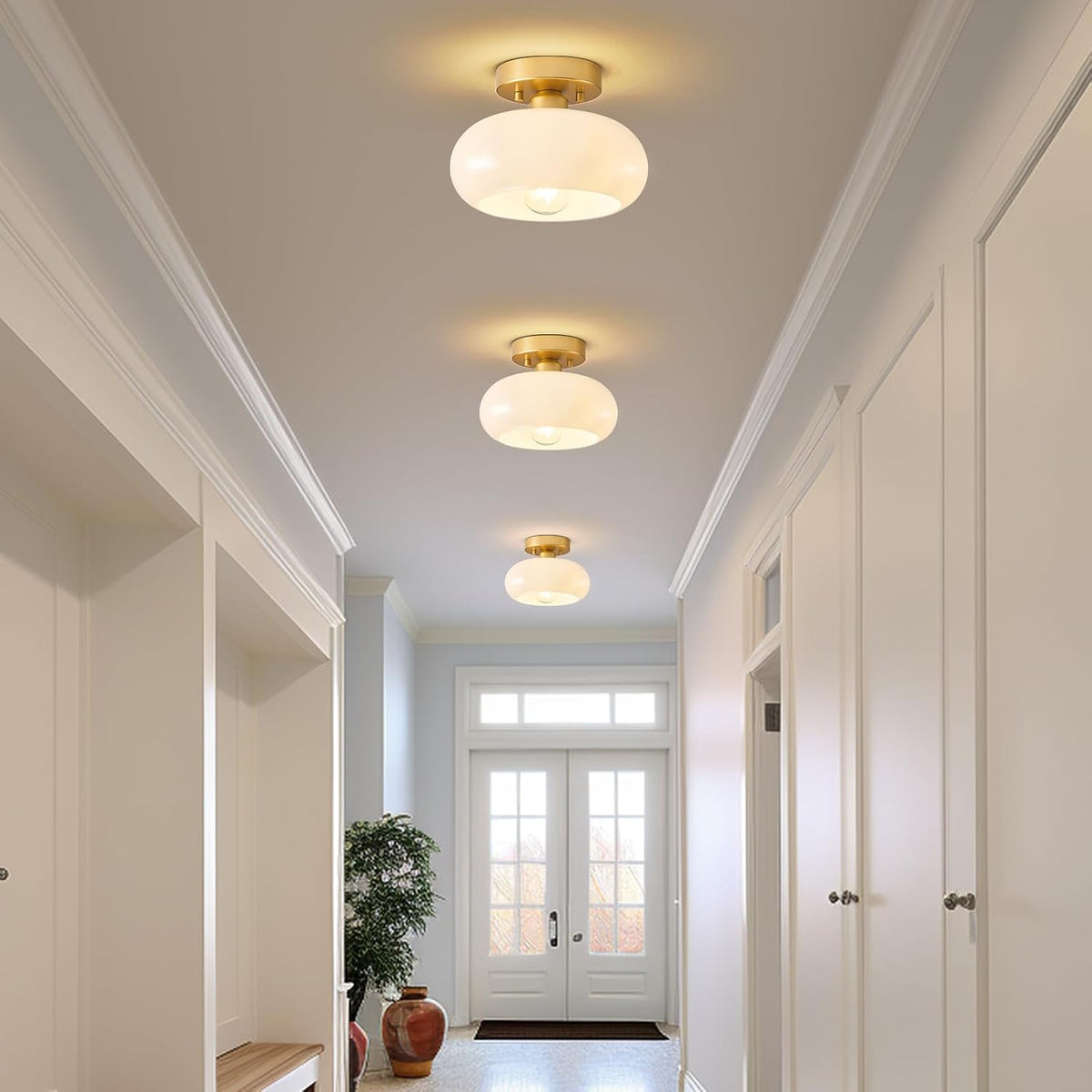 Mid-Century Modern Gold Semi Flush Ceiling Light 8.66 Inch | Mini White Glass Shade Close to Ceiling Lighting Fixture