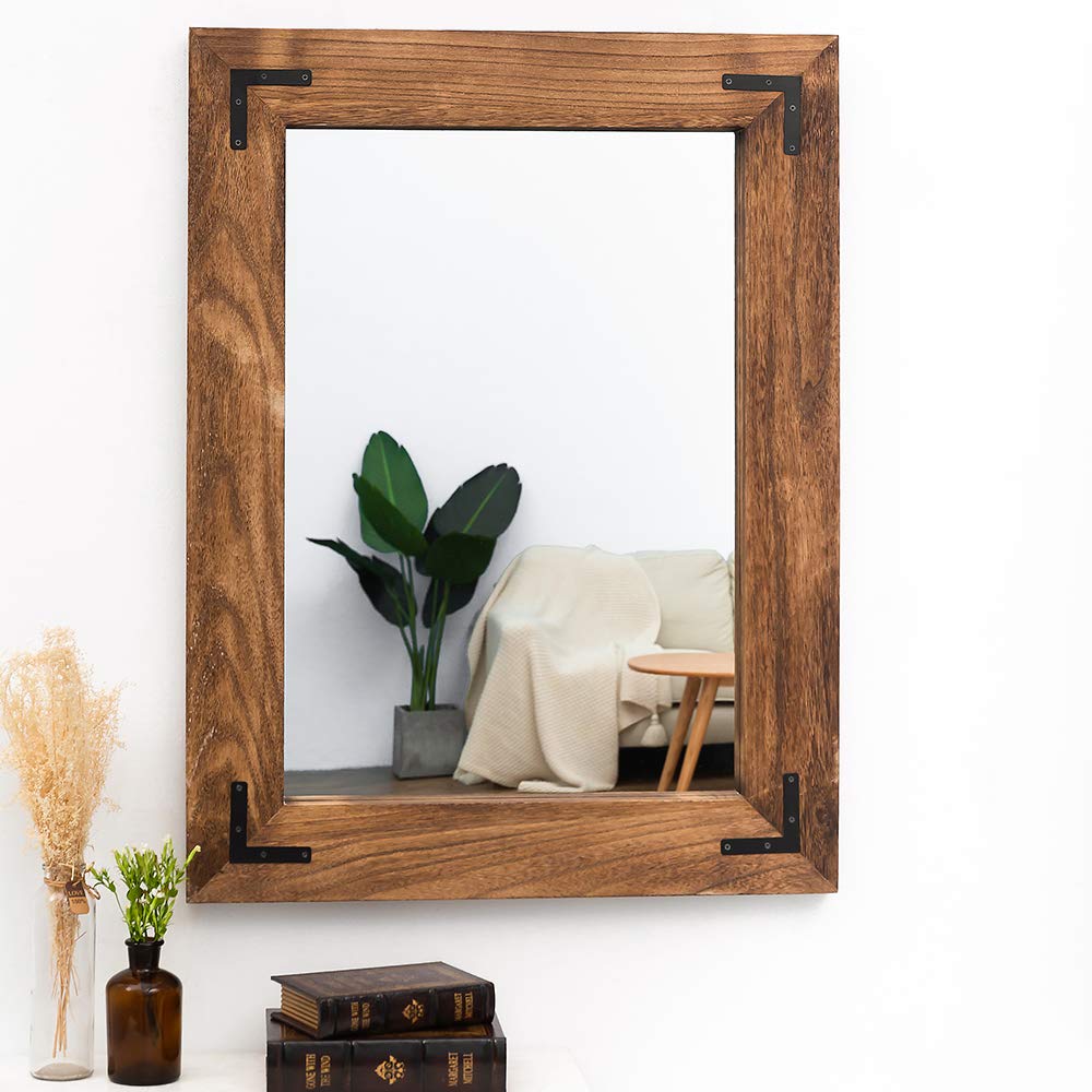 Rustic Wooden Framed Wall Mirror, Natural Wood Bathroom Vanity Mirror for Farmhouse Decor, Vertical or Horizontal