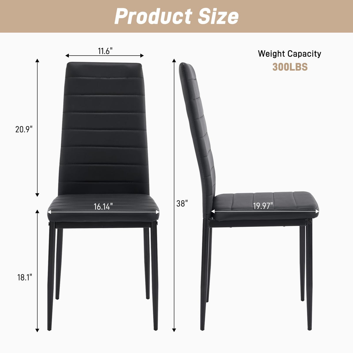 Dining Chairs Set of 4, PU Leather & High Back, Black