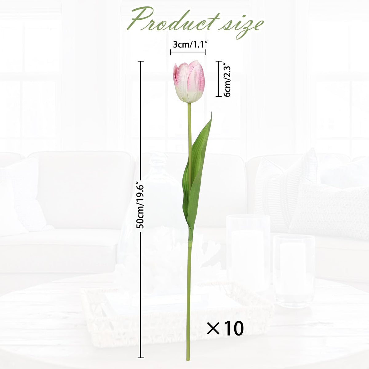 Artificial Tulips - 20" Long Stem Faux Tulips, 10PCS Real Touch Fake Pink Tulip for Vase, Farmhouse, Kitchen, Spring