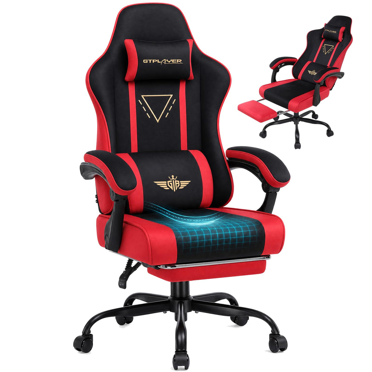 Video Gaming Chair Fabric, Ergonomic Computer Chair with Footrest and Pocket Spring Cushion, Height Adjustable Video