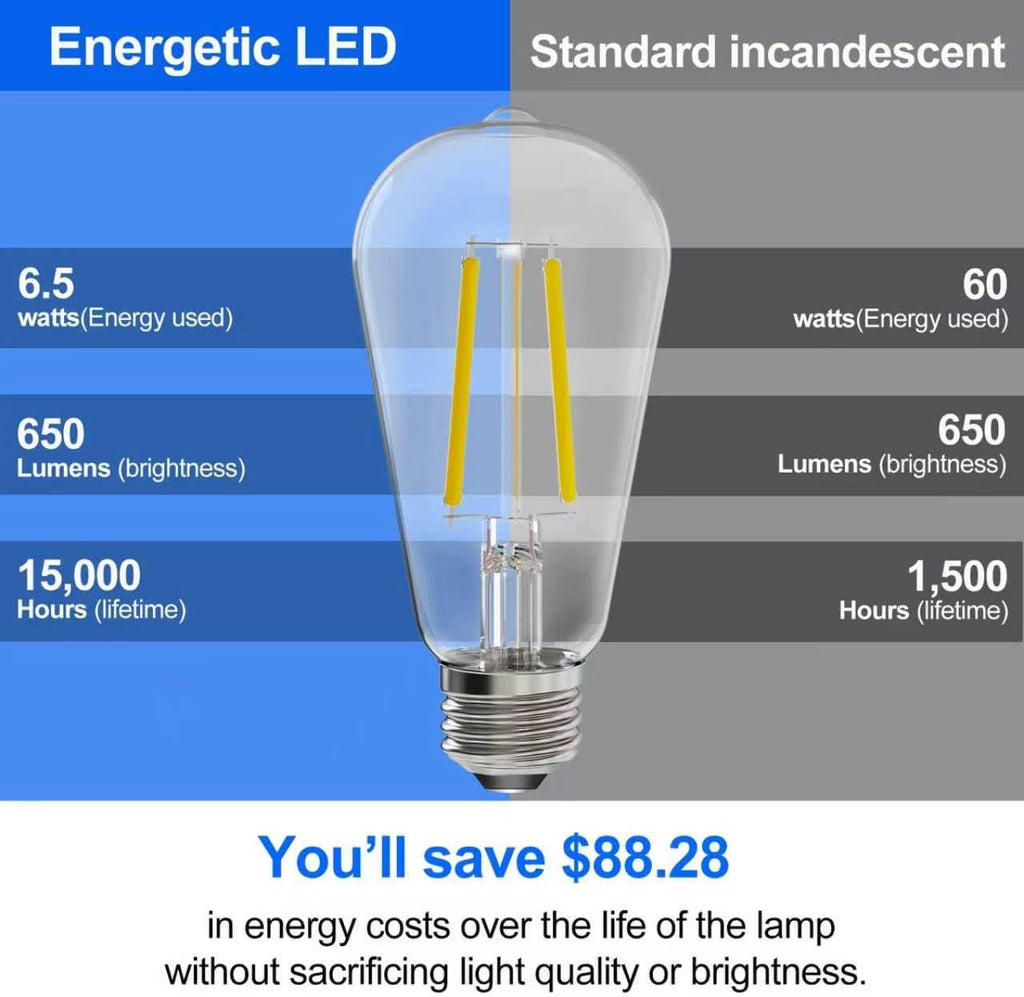 Energetic 4 Pack ST19 Vintage LED Edison Bulbs, 60 Watt Equivalent, 5000K
